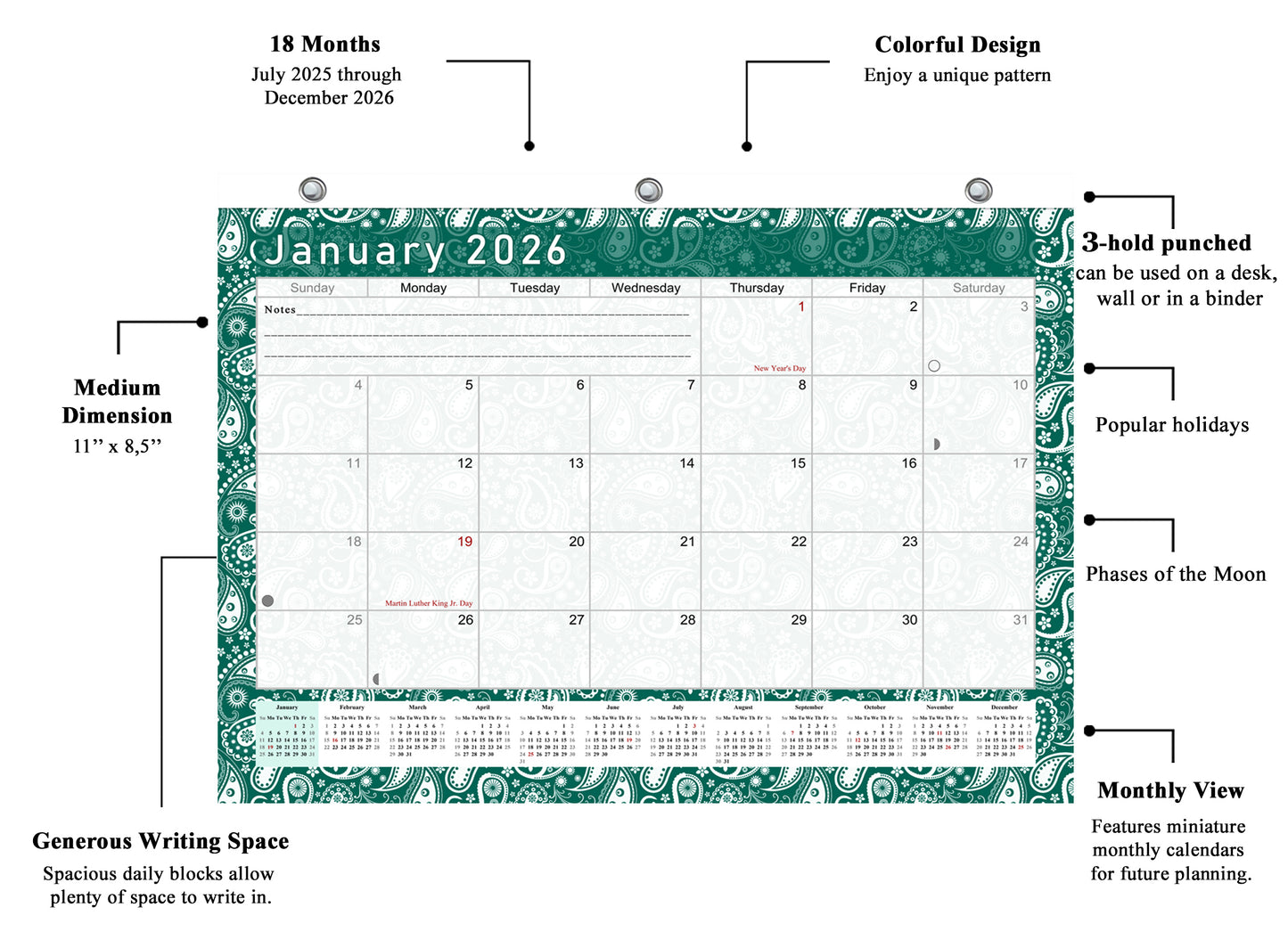 2025 - 2026 Student Calendar/Planner for 3-Ring Binder, Desk, or Wall - v024