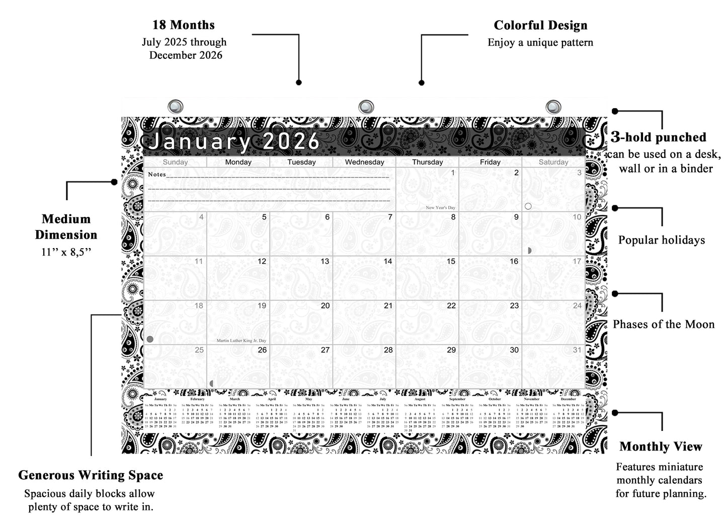2025 - 2026 Student Calendar/Planner for 3-Ring Binder, Desk, or Wall - v011