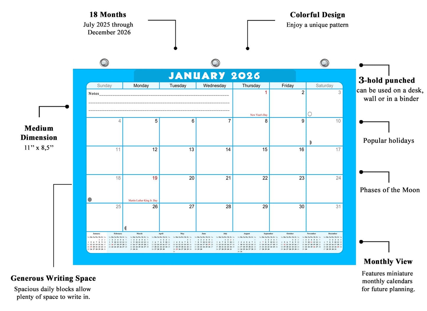 2025 - 2026 Student Calendar/Planner for 3-Ring Binder, Desk, or Wall - v007