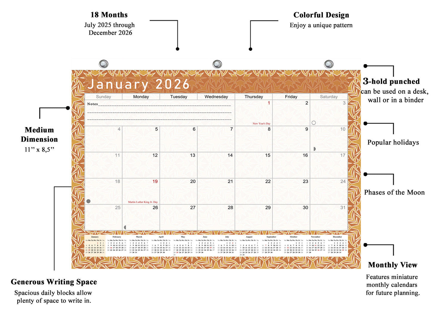 2025 - 2026 Student Calendar/Planner for 3-Ring Binder, Desk, or Wall - v025