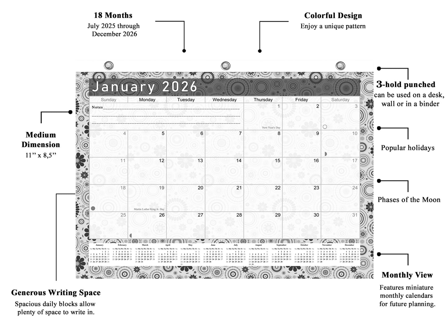 2025 - 2026 Student Calendar/Planner for 3-Ring Binder, Desk, or Wall - B&W v020