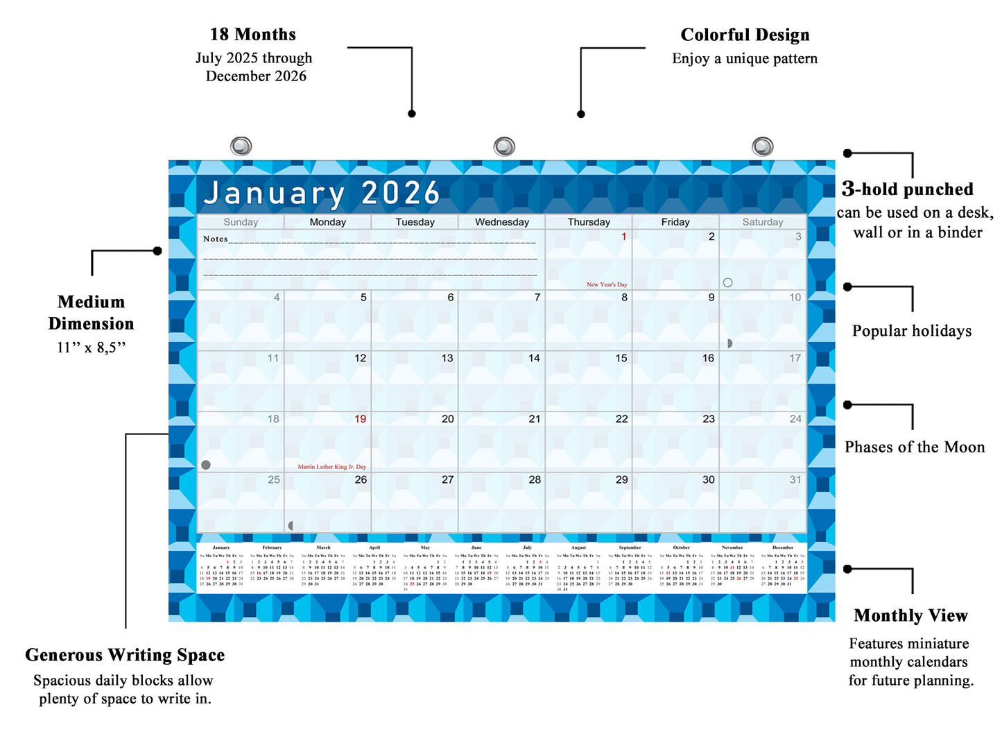 2025 - 2026 Student Calendar/Planner for 3-Ring Binder, Desk, or Wall - v003