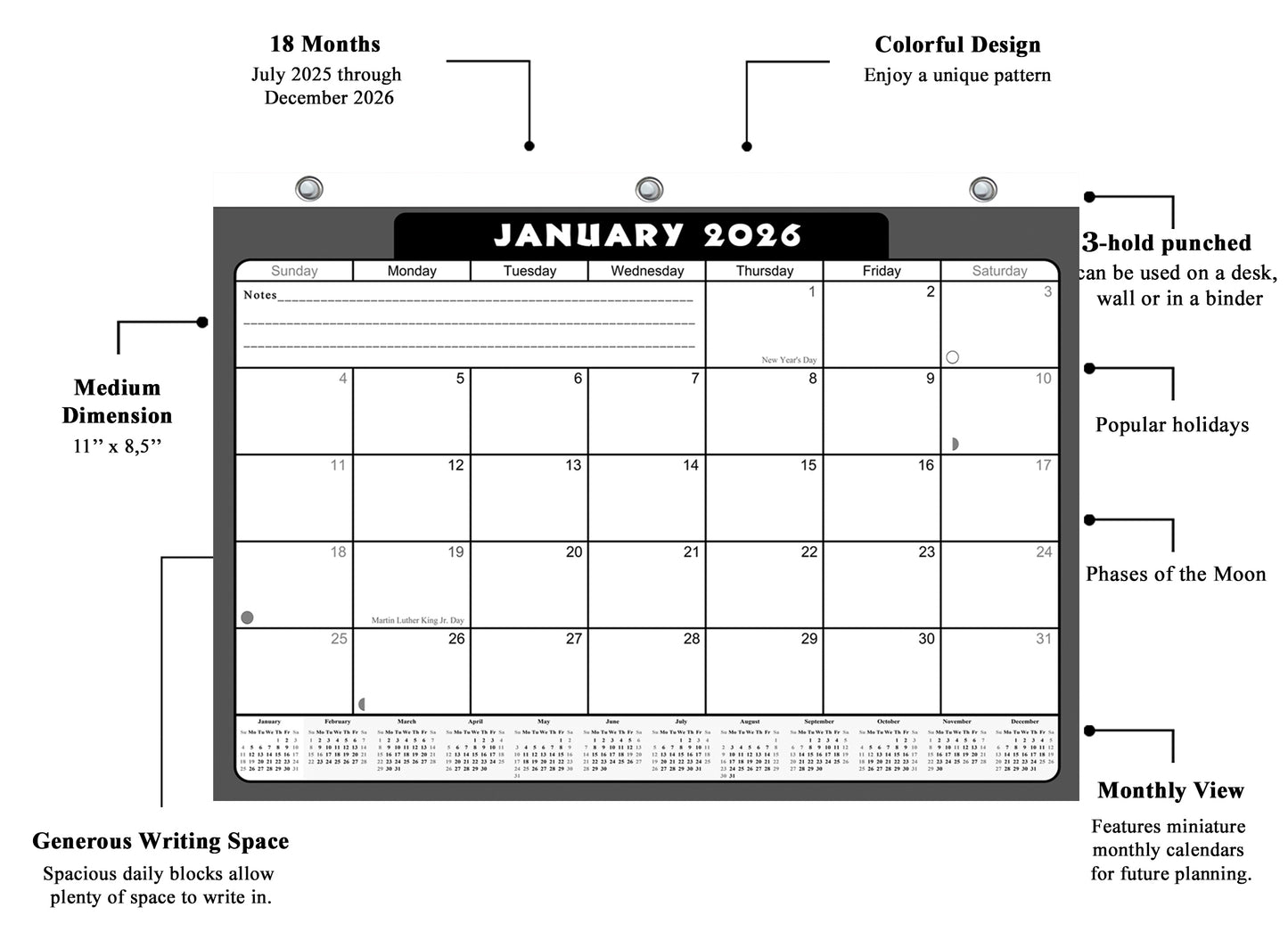 2025 - 2026 Student Calendar/Planner for 3-Ring Binder, Desk, or Wall - v031