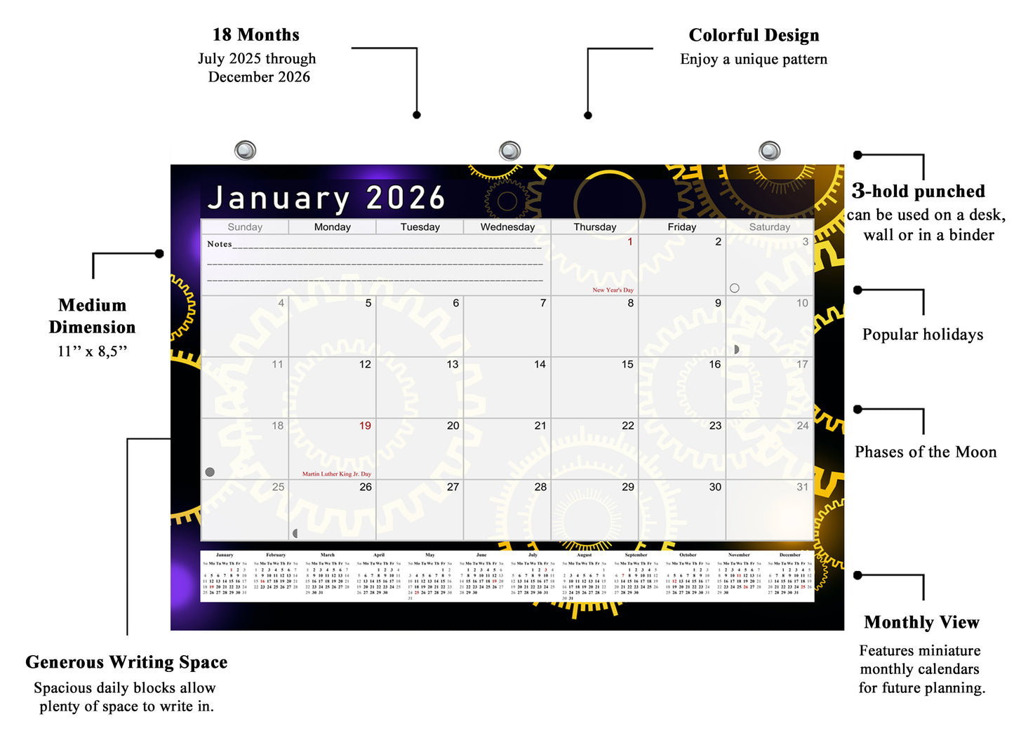2025 - 2026 Student Calendar/Planner for 3-Ring Binder, Desk, or Wall - v009