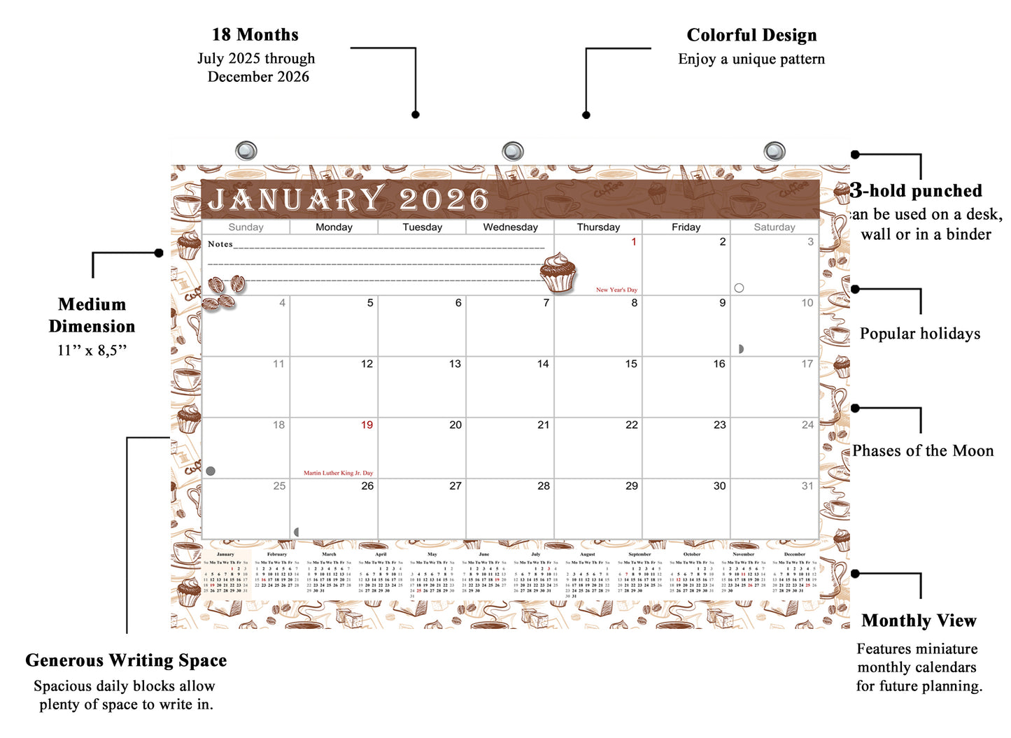 2025 - 2026 Student Calendar/Planner for 3-Ring Binder, Desk, or Wall - v030