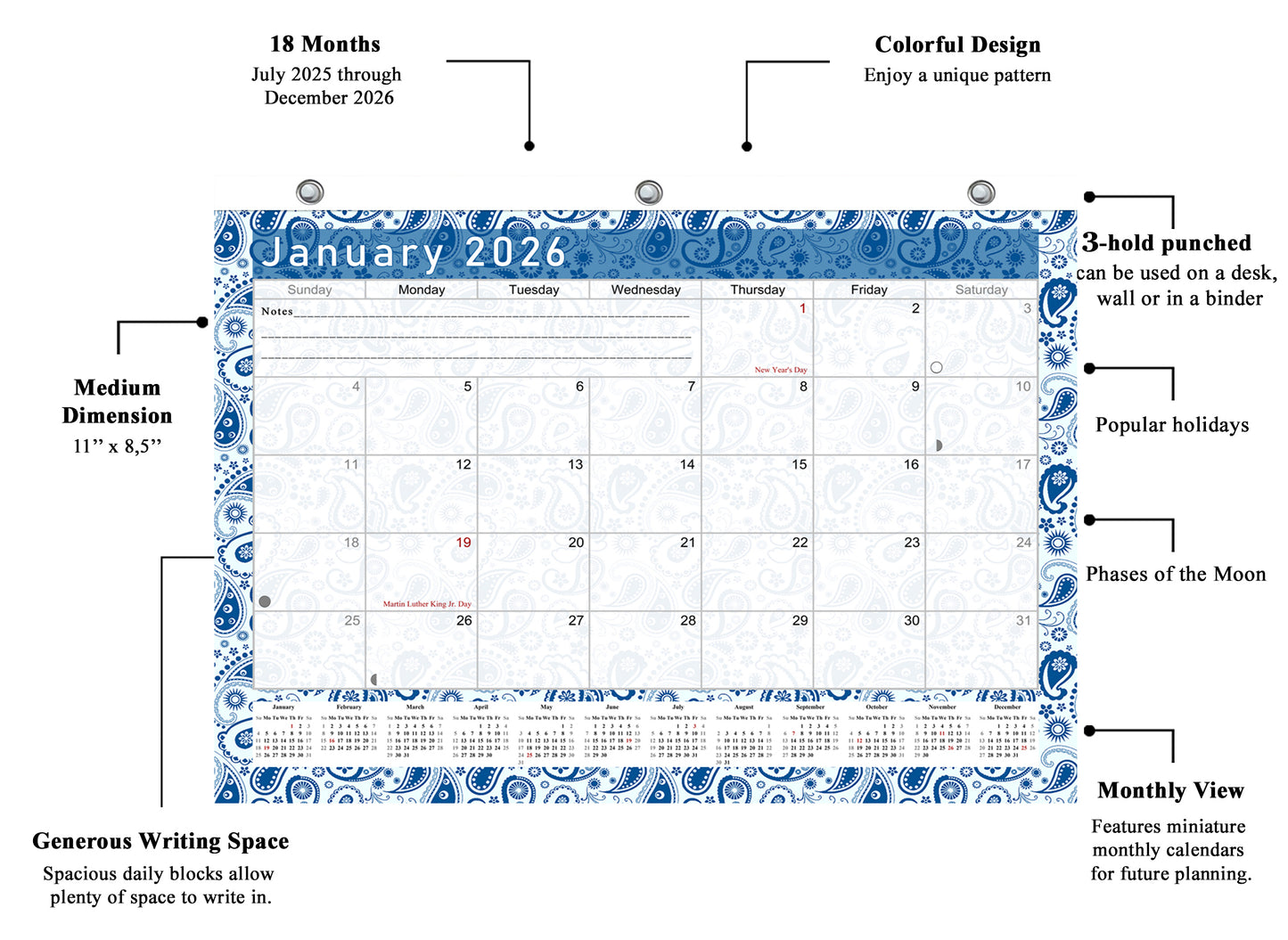 2025 - 2026 Student Calendar/Planner for 3-Ring Binder, Desk, or Wall - v021