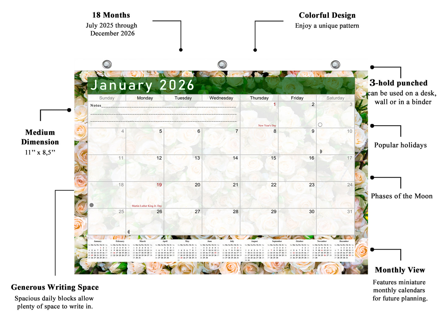 2025 - 2026 Student Calendar/Planner for 3-Ring Binder, Desk, or Wall - v023