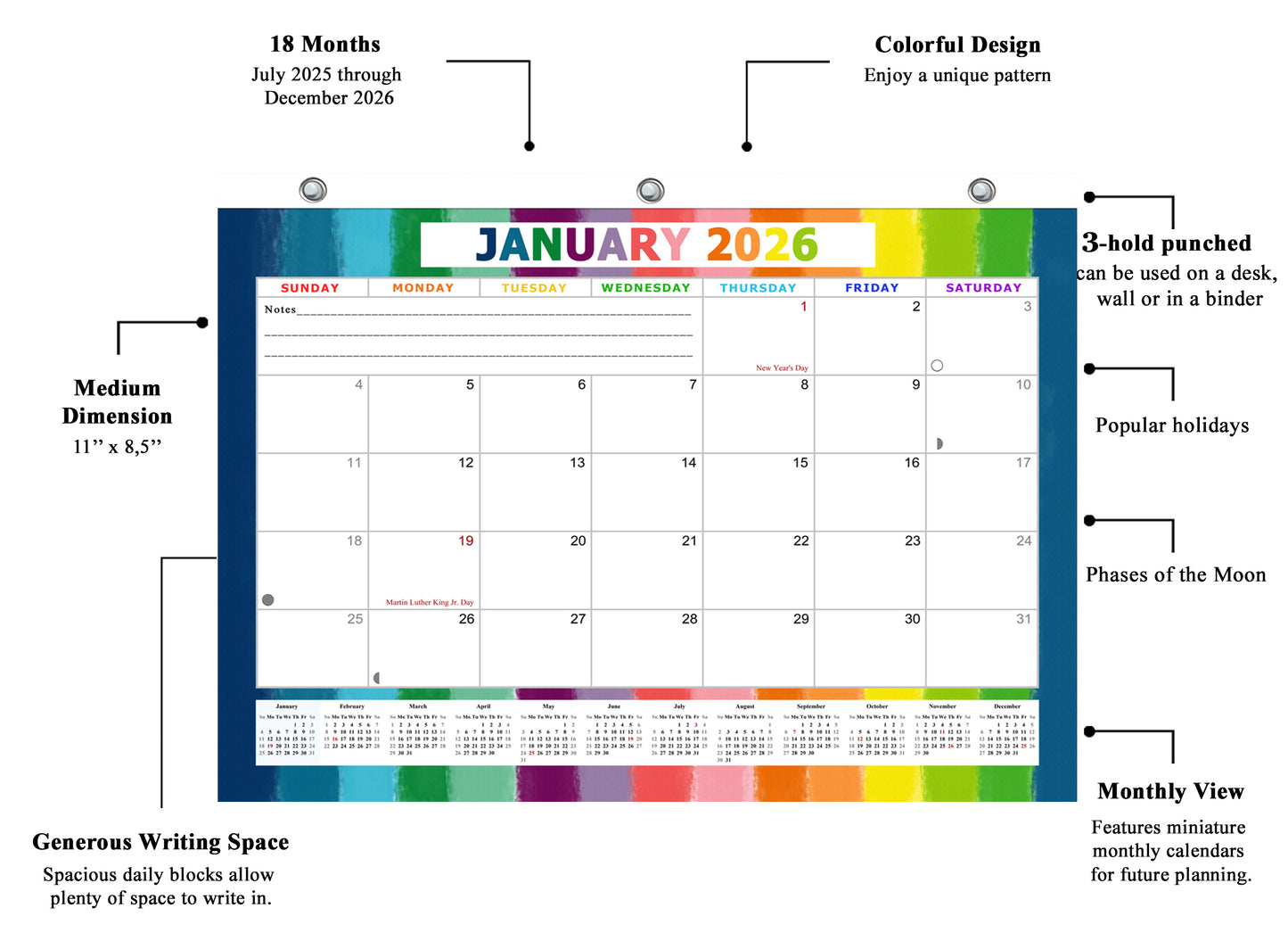 2025 - 2026 Student Calendar/Planner for 3-Ring Binder, Desk, or Wall - v027