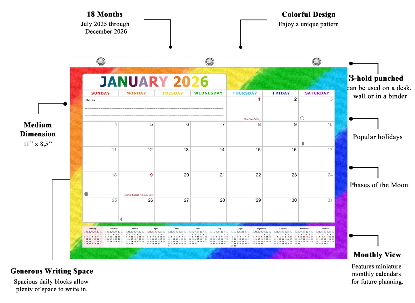 2025 - 2026 Student Calendar/Planner for 3-Ring Binder, Desk, or Wall - v028