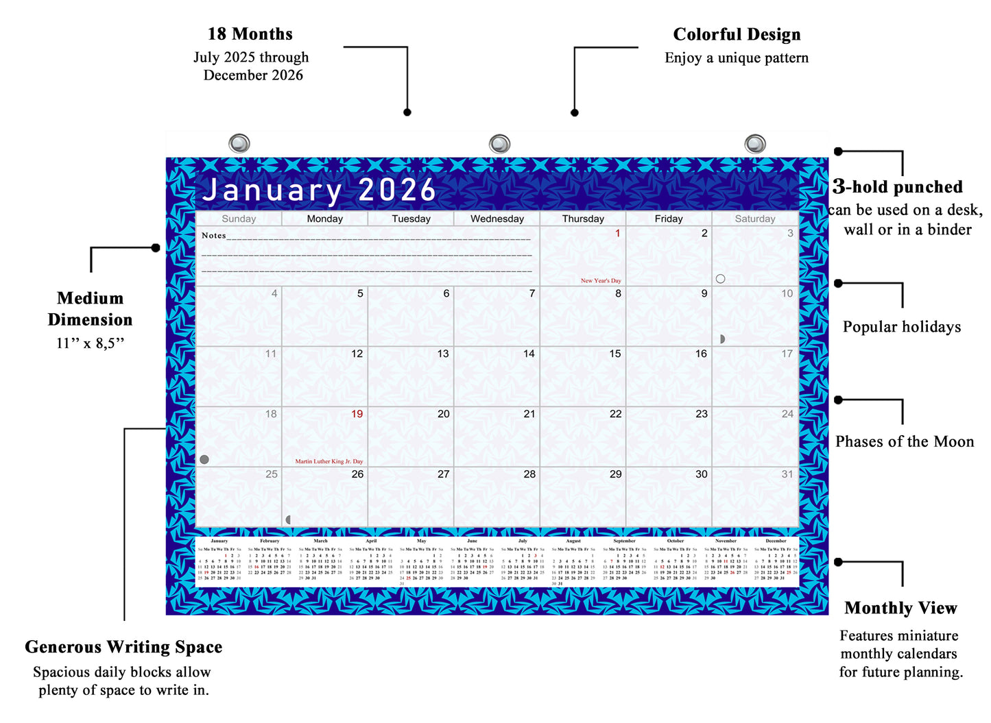 2025 - 2026 Student Calendar/Planner for 3-Ring Binder, Desk, or Wall - v017