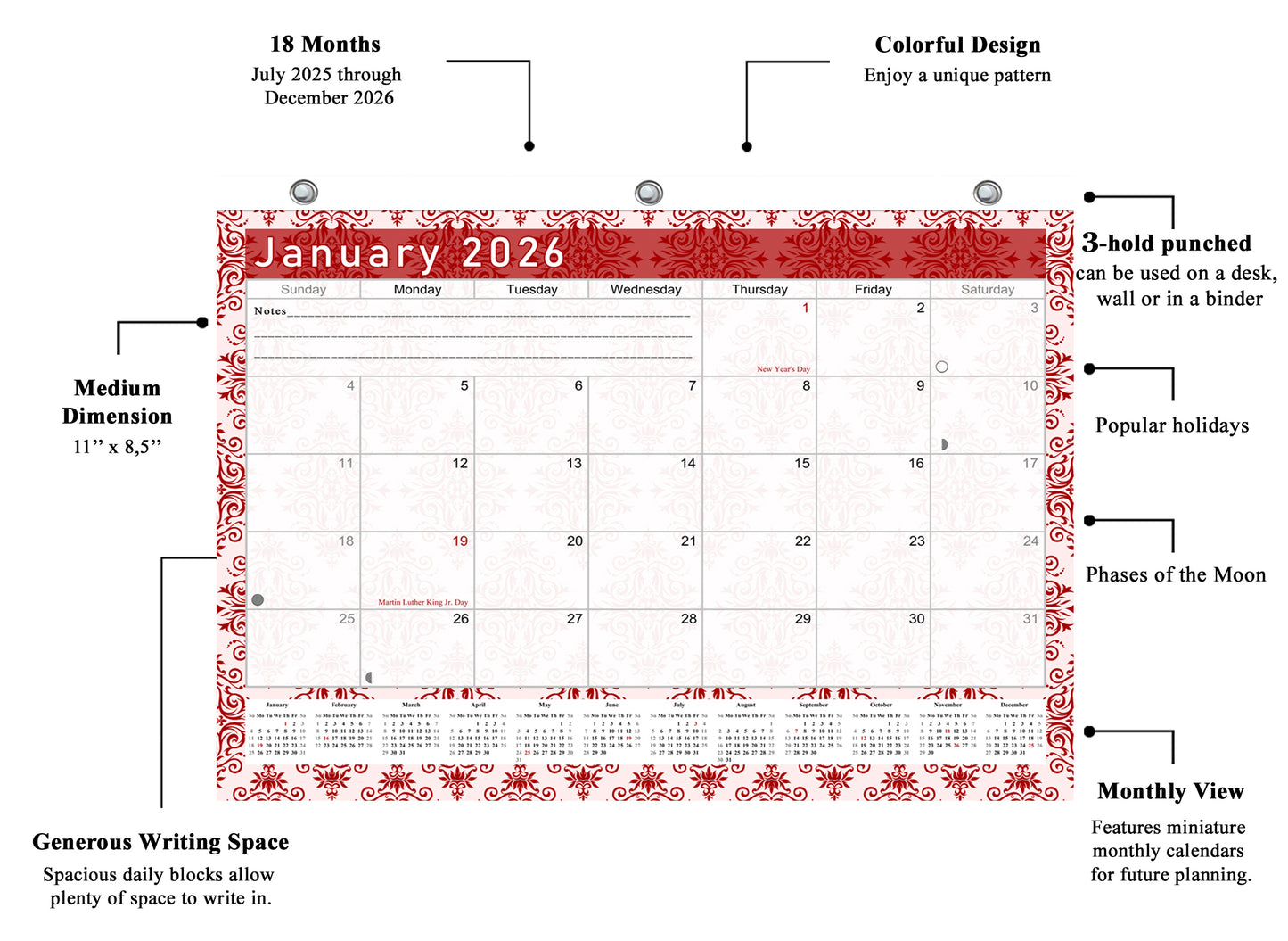 2025 - 2026 Student Calendar/Planner for 3-Ring Binder, Desk, or Wall - v005