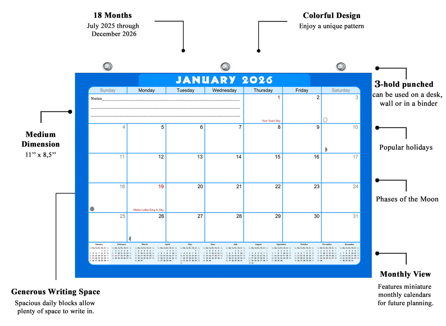 2025 - 2026 Student Calendar/Planner for 3-Ring Binder, Desk, or Wall - v006
