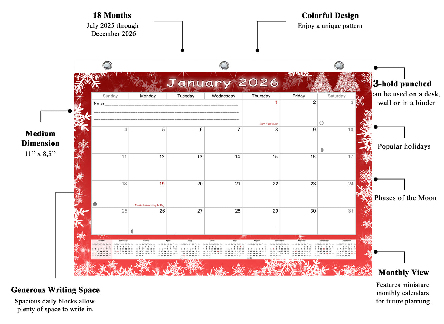 2025 - 2026 Student Calendar/Planner for 3-Ring Binder, Desk, or Wall - v029