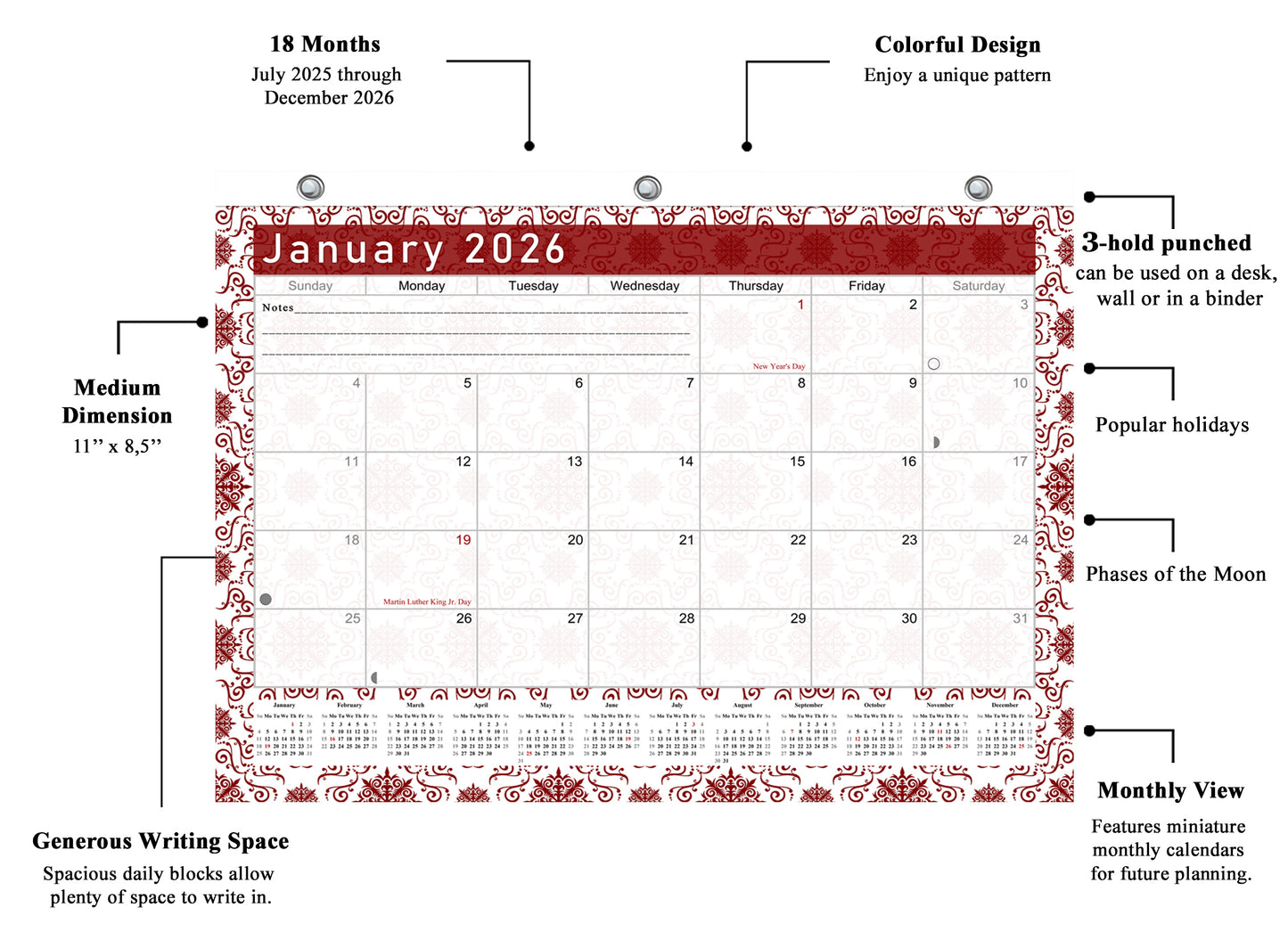 2025 - 2026 Student Calendar/Planner for 3-Ring Binder, Desk, or Wall - v014