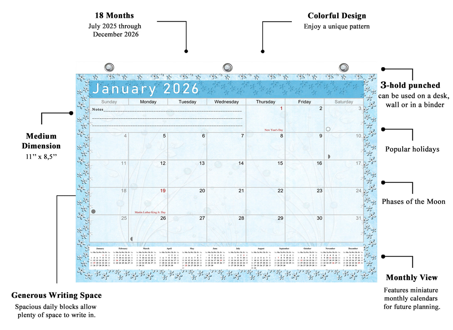 2025 - 2026 Student Calendar/Planner for 3-Ring Binder, Desk, or Wall - v018