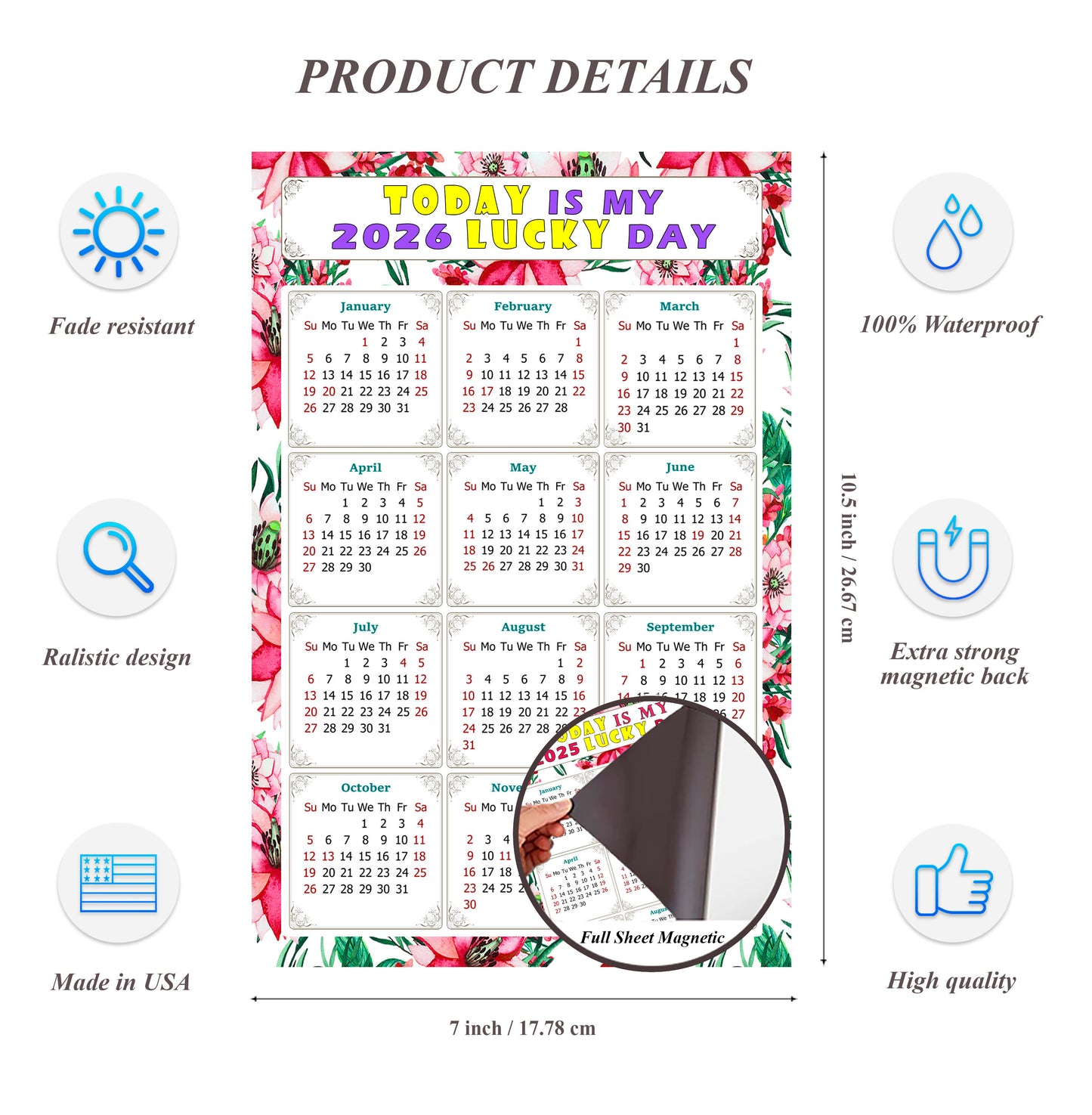2026 Magnetic Calendar - Calendar Magnets - Today is my Lucky Day - (Fade, Tear, and Water Resistant) - Themed 018
