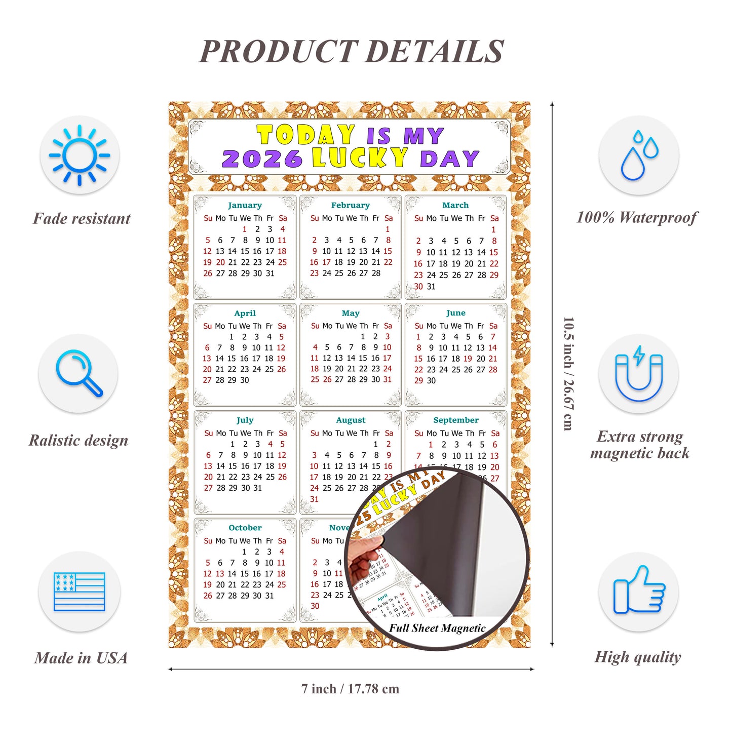 2026 Magnetic Calendar - Calendar Magnets - Today is my Lucky Day - (Fade, Tear, and Water Resistant) - Themed 042