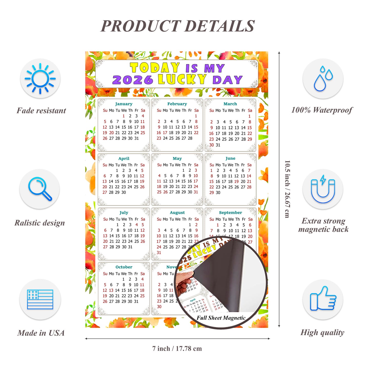 2026 Magnetic Calendar - Calendar Magnets - Today is my Lucky Day - (Fade, Tear, and Water Resistant) - Themed 021