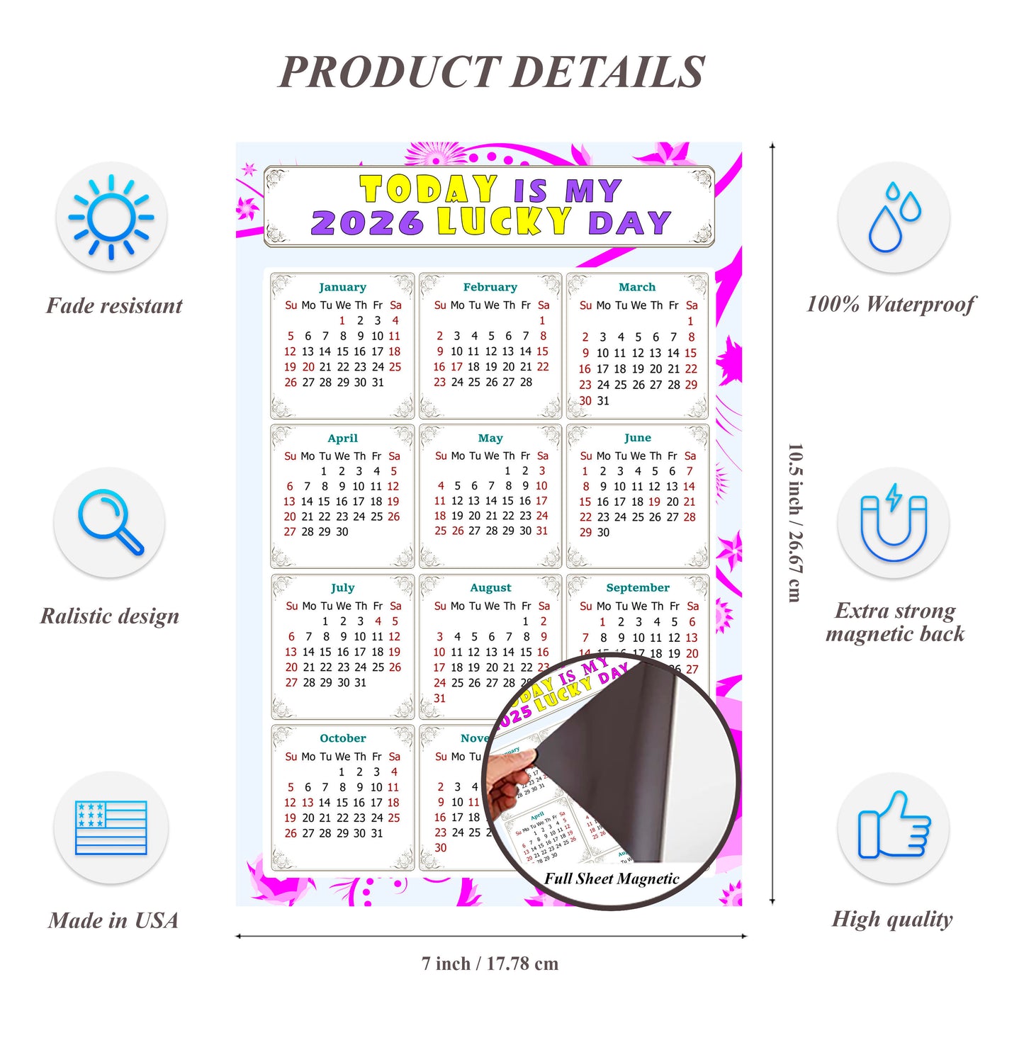 2026 Magnetic Calendar - Calendar Magnets - Today is my Lucky Day - (Fade, Tear, and Water Resistant) - Themed 04