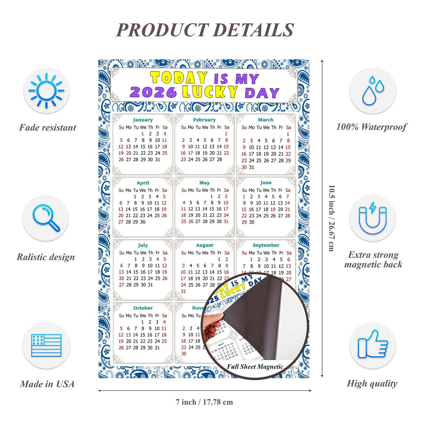 2026 Magnetic Calendar - Calendar Magnets - Today is my Lucky Day - (Fade, Tear, and Water Resistant) - Themed 044