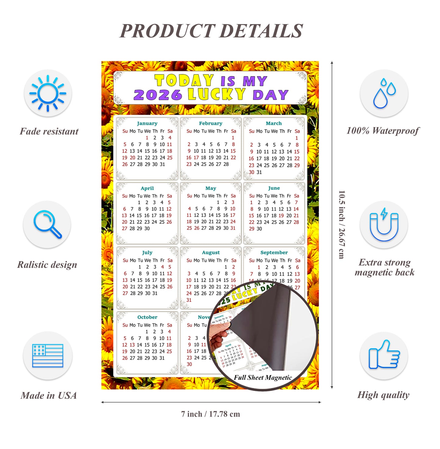 2026 Magnetic Calendar - Calendar Magnets - Today is my Lucky Day - (Fade, Tear, and Water Resistant) - Themed 030