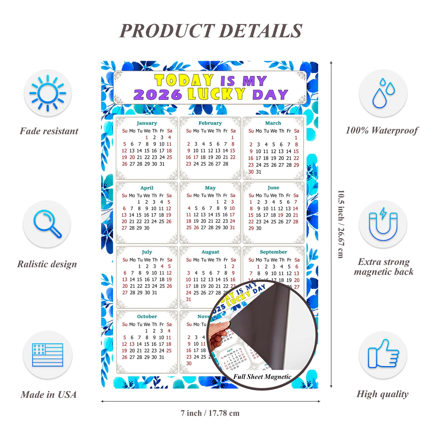 2026 Magnetic Calendar - Calendar Magnets - Today is my Lucky Day - (Fade, Tear, and Water Resistant) - Themed 012