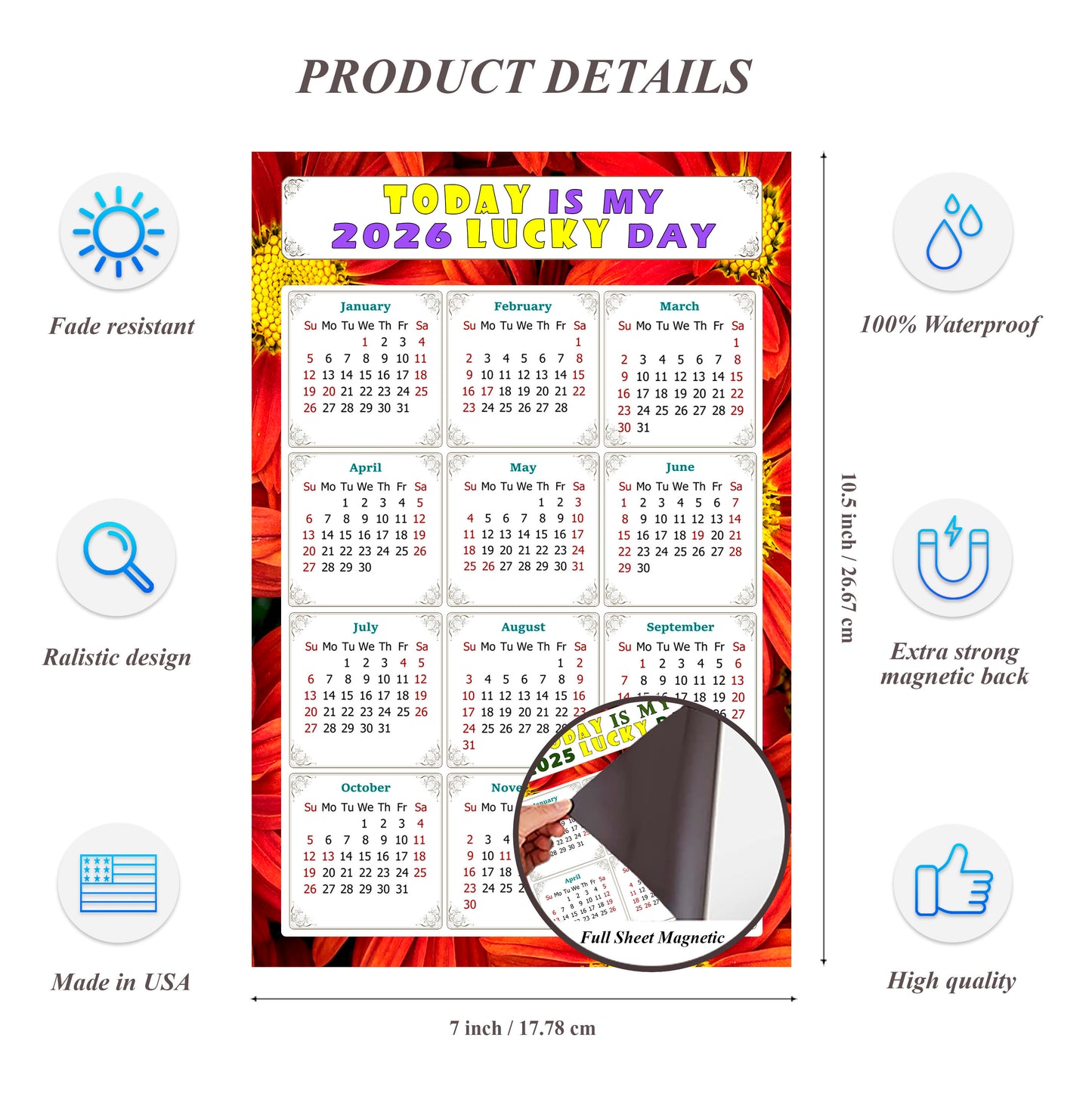2026 Magnetic Calendar - Calendar Magnets - Today is my Lucky Day - (Fade, Tear, and Water Resistant) - Themed 031