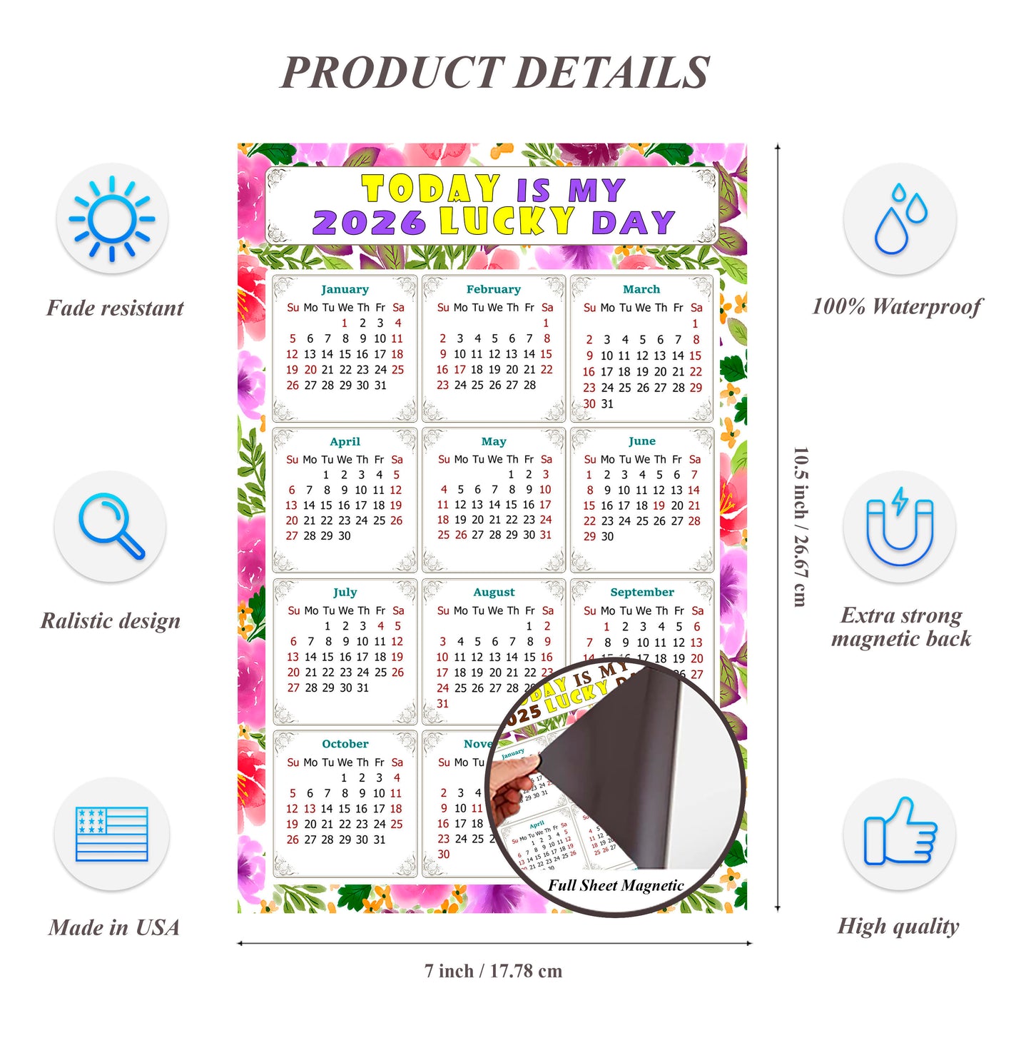 2026 Magnetic Calendar - Calendar Magnets - Today is my Lucky Day - (Fade, Tear, and Water Resistant) - Themed 023
