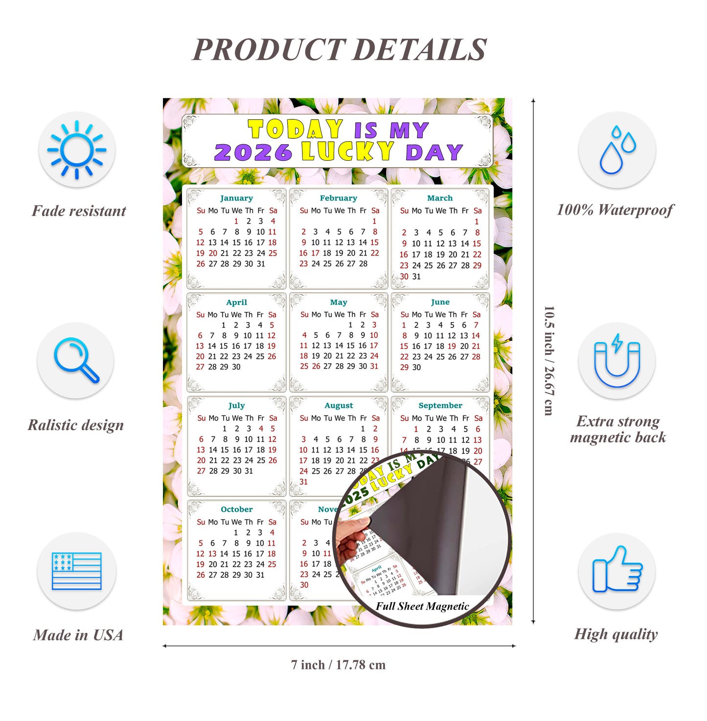 2026 Magnetic Calendar - Calendar Magnets - Today is my Lucky Day - (Fade, Tear, and Water Resistant) - Themed 029