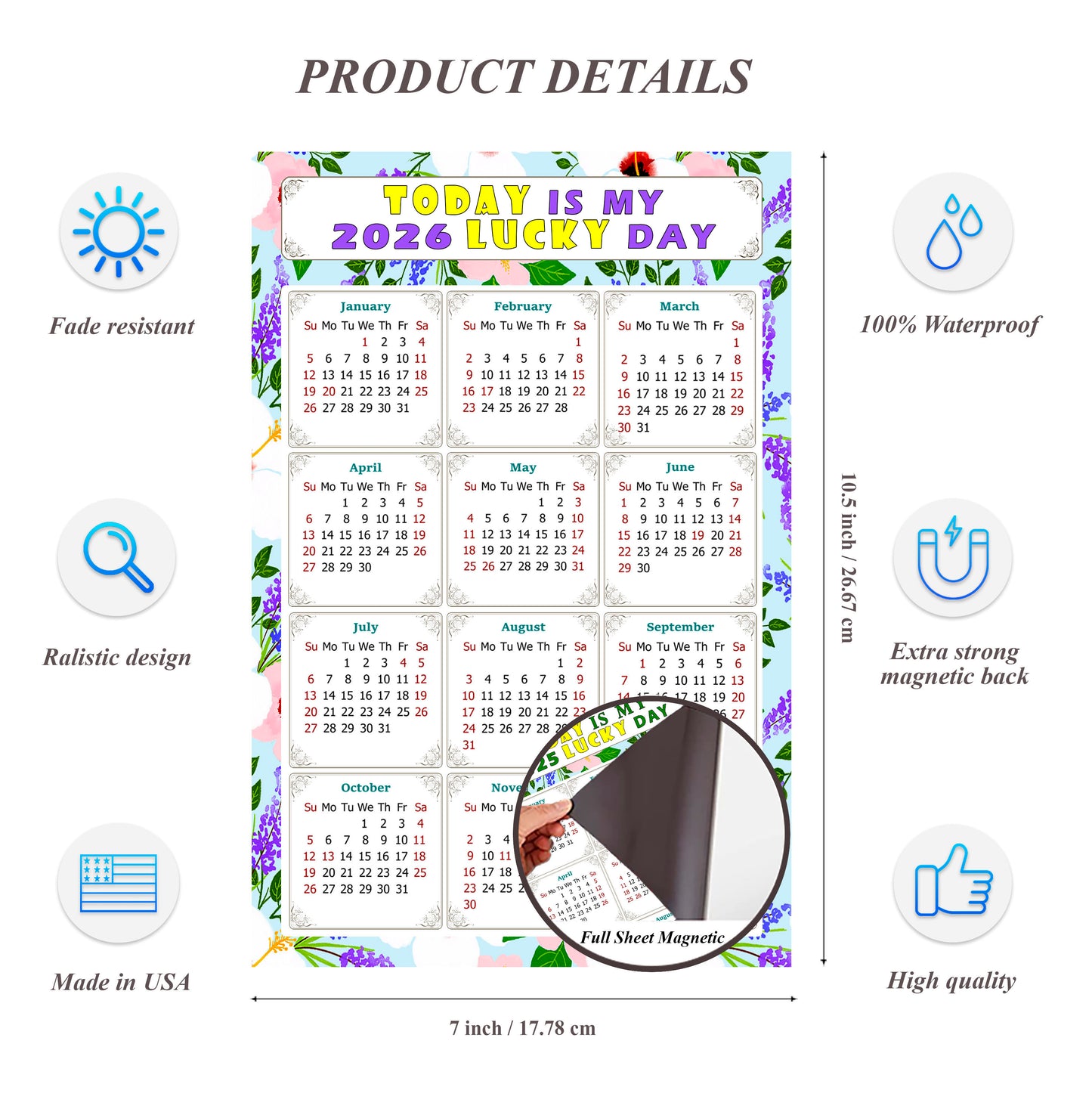 2026 Magnetic Calendar - Calendar Magnets - Today is my Lucky Day - (Fade, Tear, and Water Resistant) - Themed 016