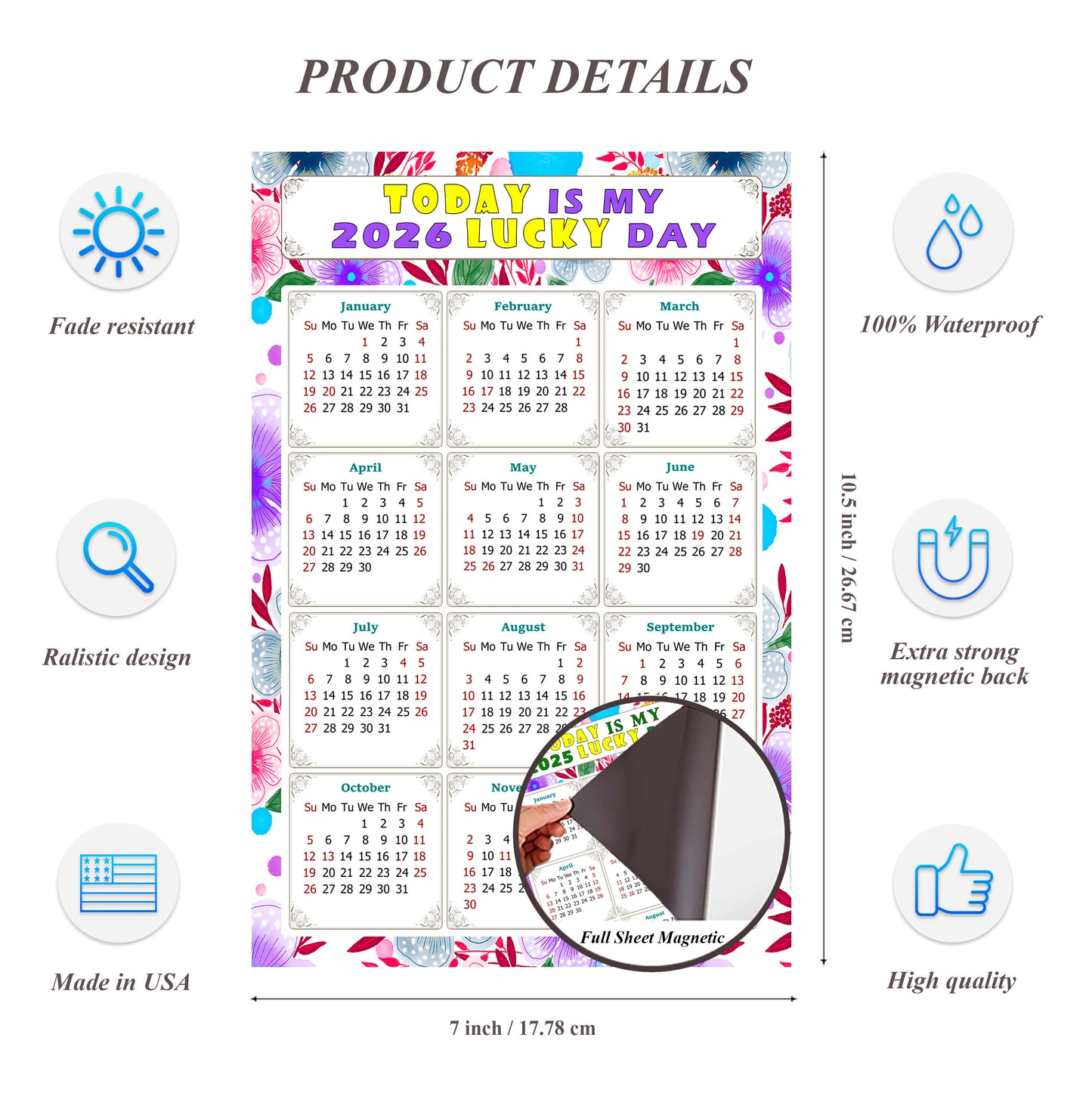 2026 Magnetic Calendar - Calendar Magnets - Today is my Lucky Day - (Fade, Tear, and Water Resistant) - Themed 017