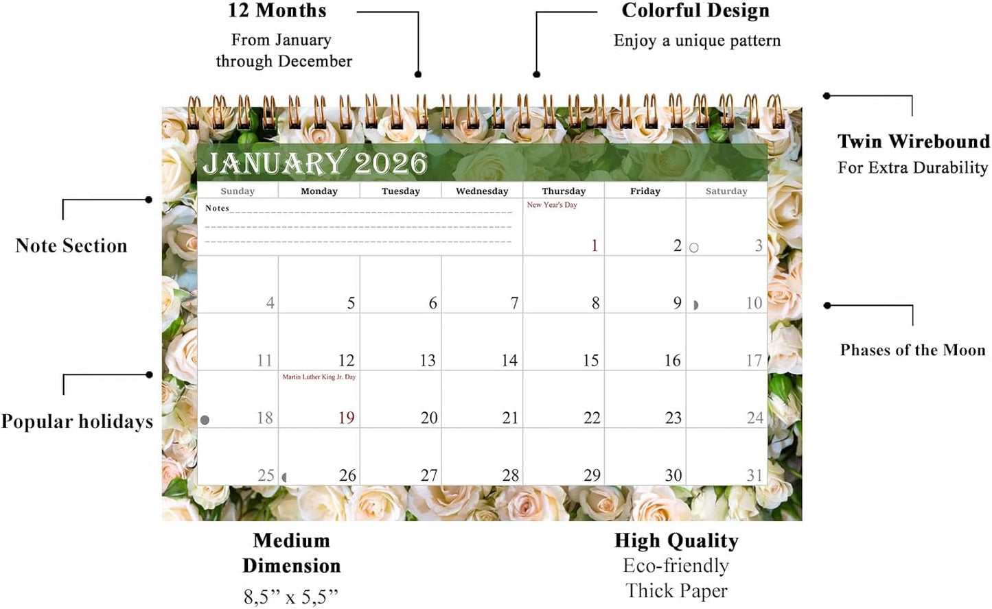 2026-12 Months Desk Calendar Desktop Planner with To-Do List & Notes 013