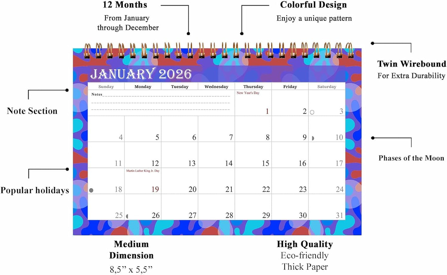 2026-12 Months Desk Calendar Desktop Planner with To-Do List & Notes 03