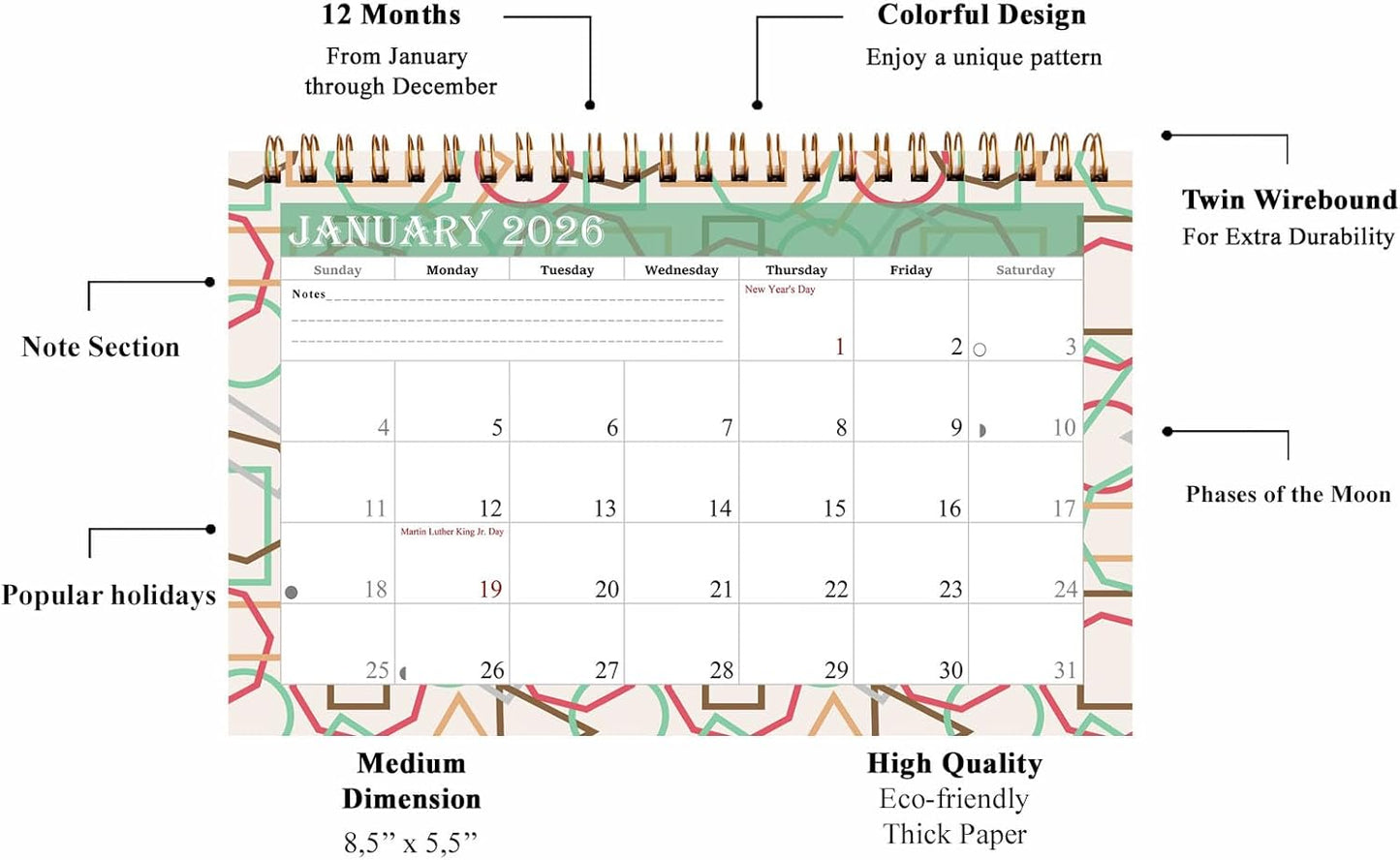 2026-12 Months Desk Calendar Desktop Planner with To-Do List & Notes 011