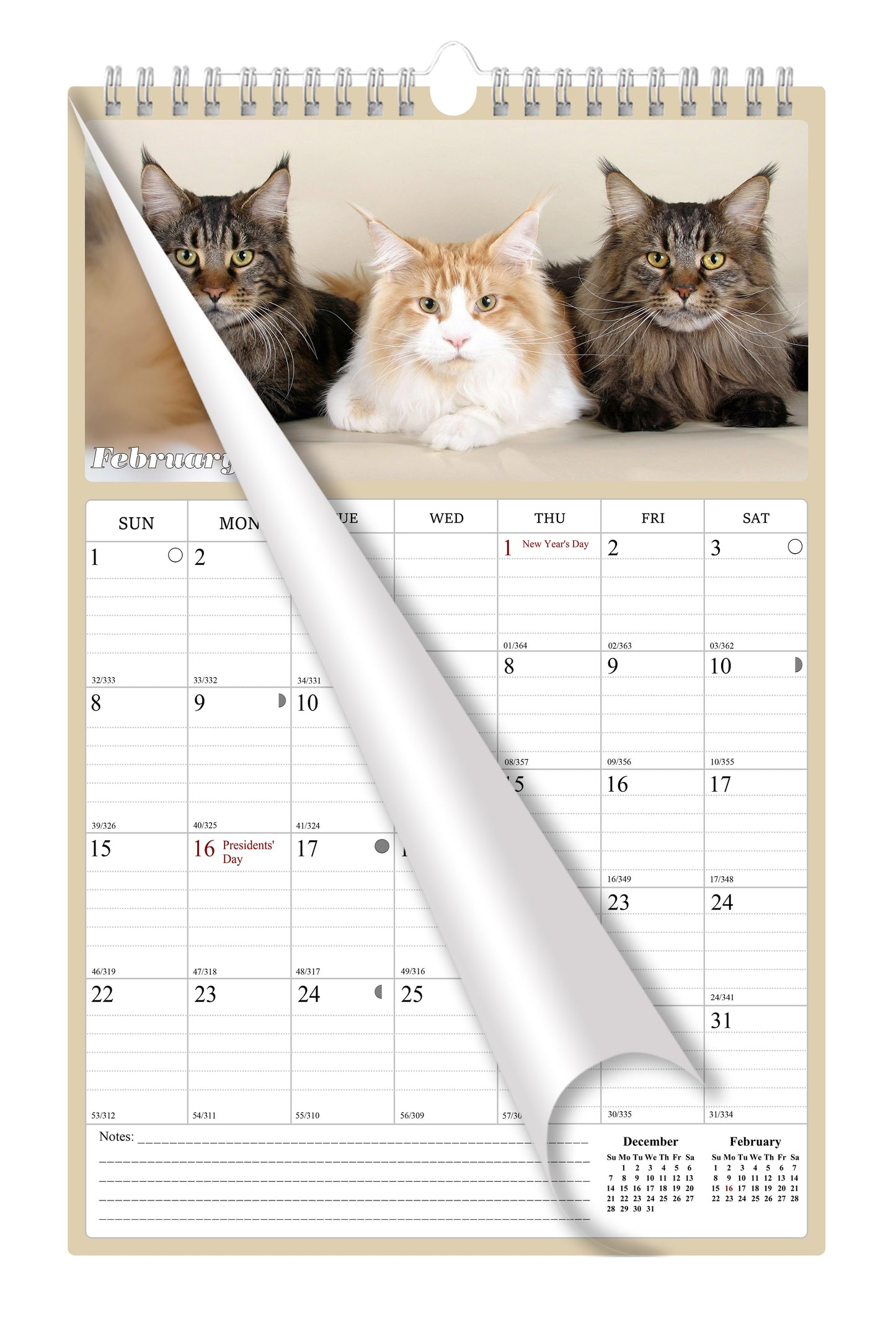 2026 Wall Calendar Spiral-bound Twin-Wire Binding - 12 Months Planner - Large Ruled Blocks with Julian Dates - (Cats)