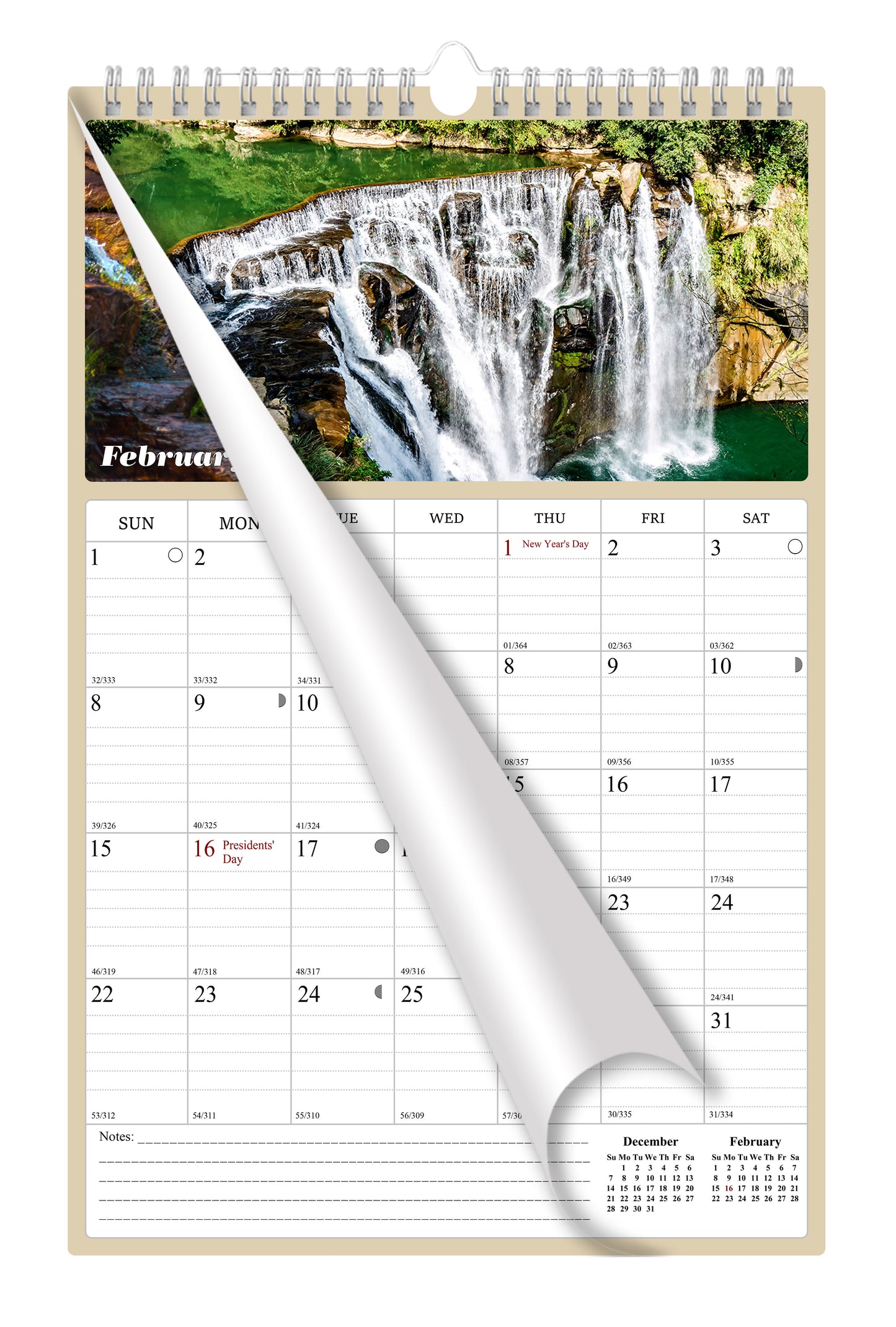 2025 - 2026 Wall Calendar Spiral-bound Twin-Wire Binding - 18 Months Planner - Large Ruled Blocks with Julian Dates - (Waterfalls)