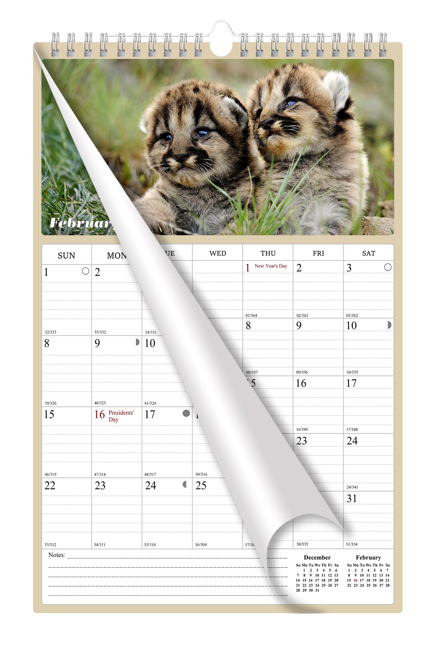 2026 Wall Calendar Spiral-bound Twin-Wire Binding - 12 Months Planner - Large Ruled Blocks with Julian Dates - (Baby Animals)