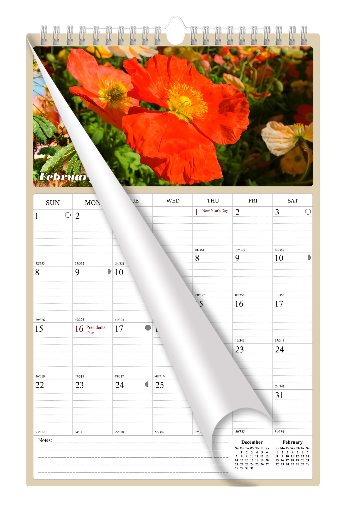 2025 - 2026 Wall Calendar Spiral-bound Twin-Wire Binding - 18 Months Planner - Large Ruled Blocks with Julian Dates - (Flowers)