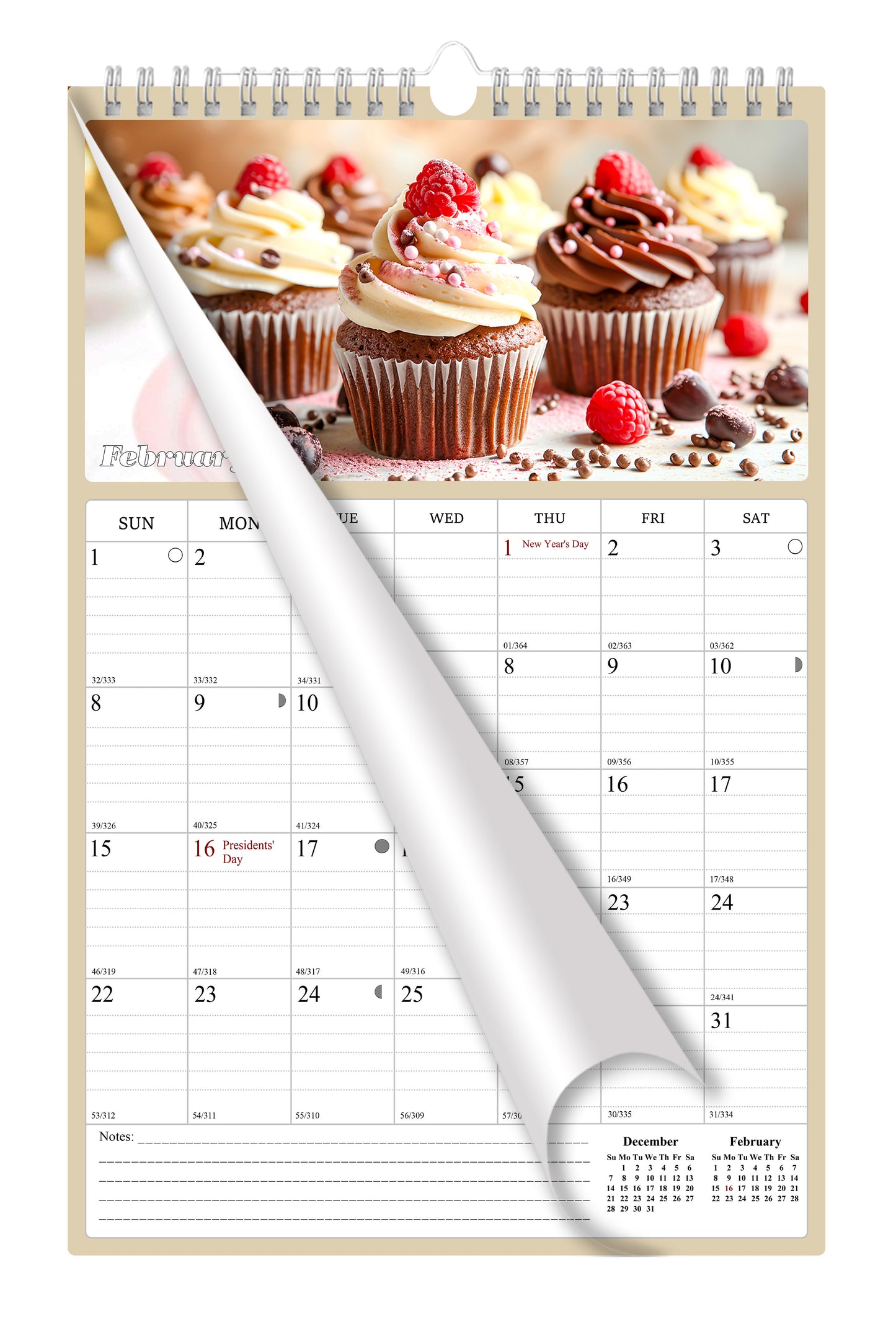 2025 - 2026 Wall Calendar Spiral-bound Twin-Wire Binding - 18 Months Planner - Large Ruled Blocks with Julian Dates - (Cupcakes)