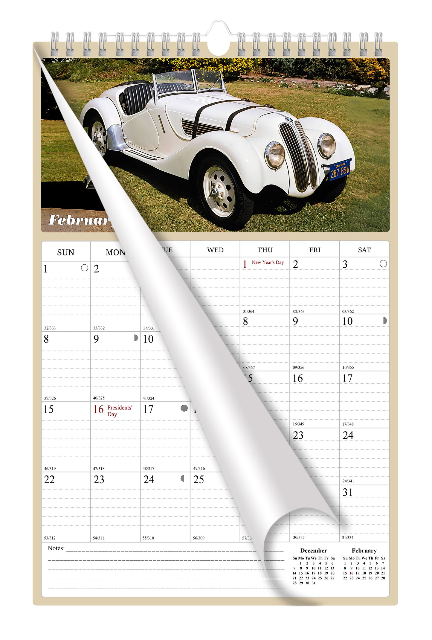 2025 - 2026 Wall Calendar Spiral-bound Twin-Wire Binding - 18 Months Planner - Large Ruled Blocks with Julian Dates - (Classic Cars)