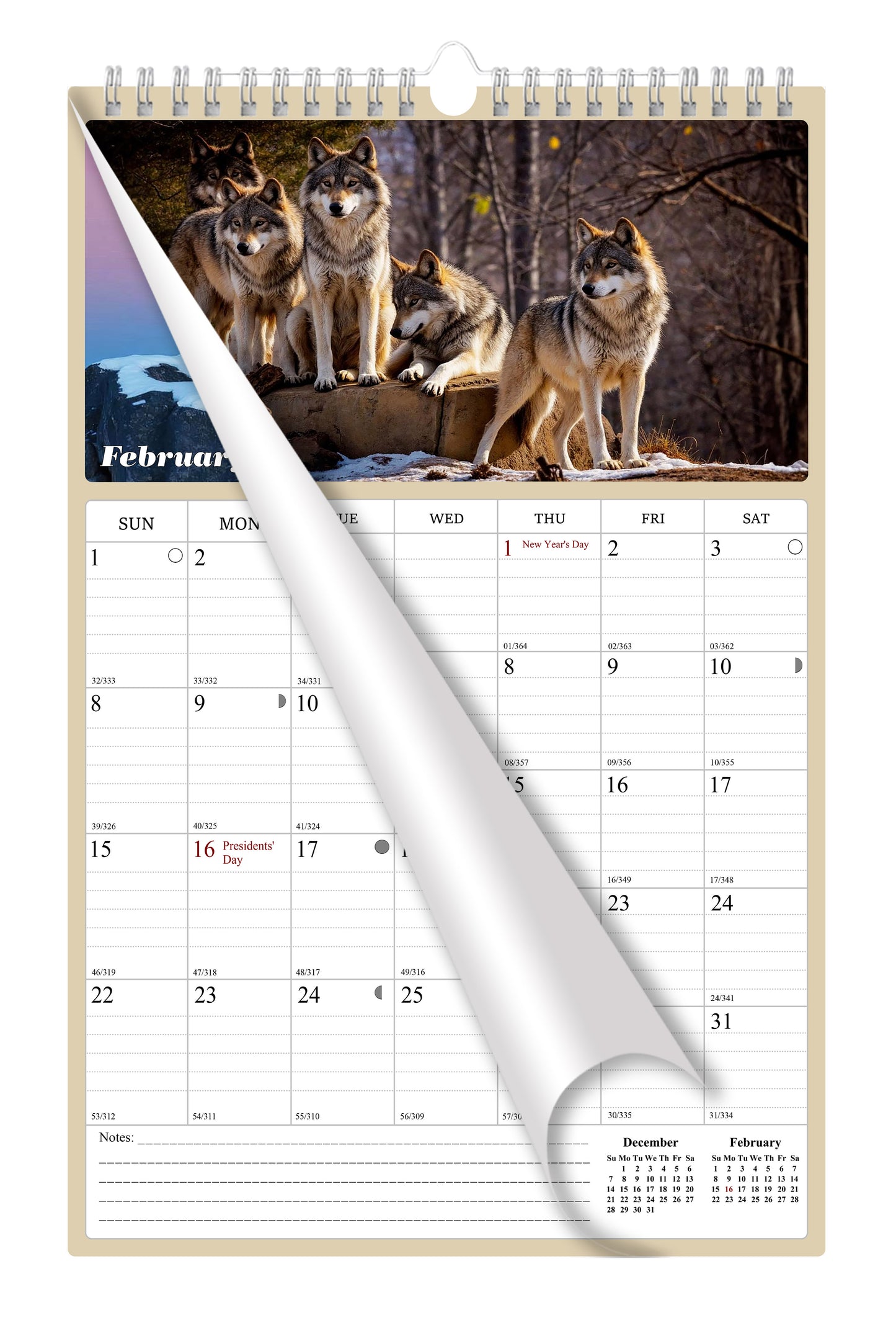 2026 Wall Calendar Spiral-bound Twin-Wire Binding - 12 Months Planner - Large Ruled Blocks with Julian Dates - (Woolfs)