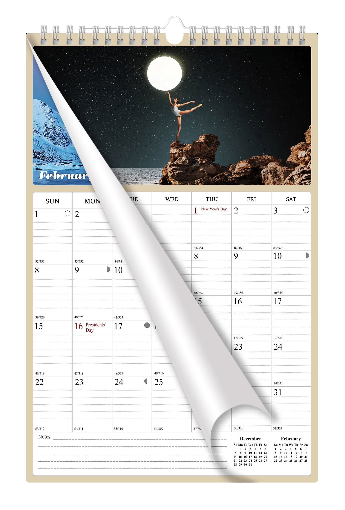 2025 - 2026 Wall Calendar Spiral-bound Twin-Wire Binding - 18 Months Planner - Large Ruled Blocks with Julian Dates - (Lunar)