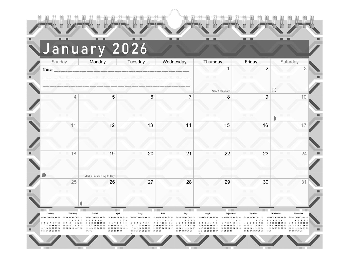 2025-2026 Monthly Spiral-Bound Wall/Desk Calendar - Desktop/Wall Blotter Calendar/Planner - (Edition Geometric B&W #04)