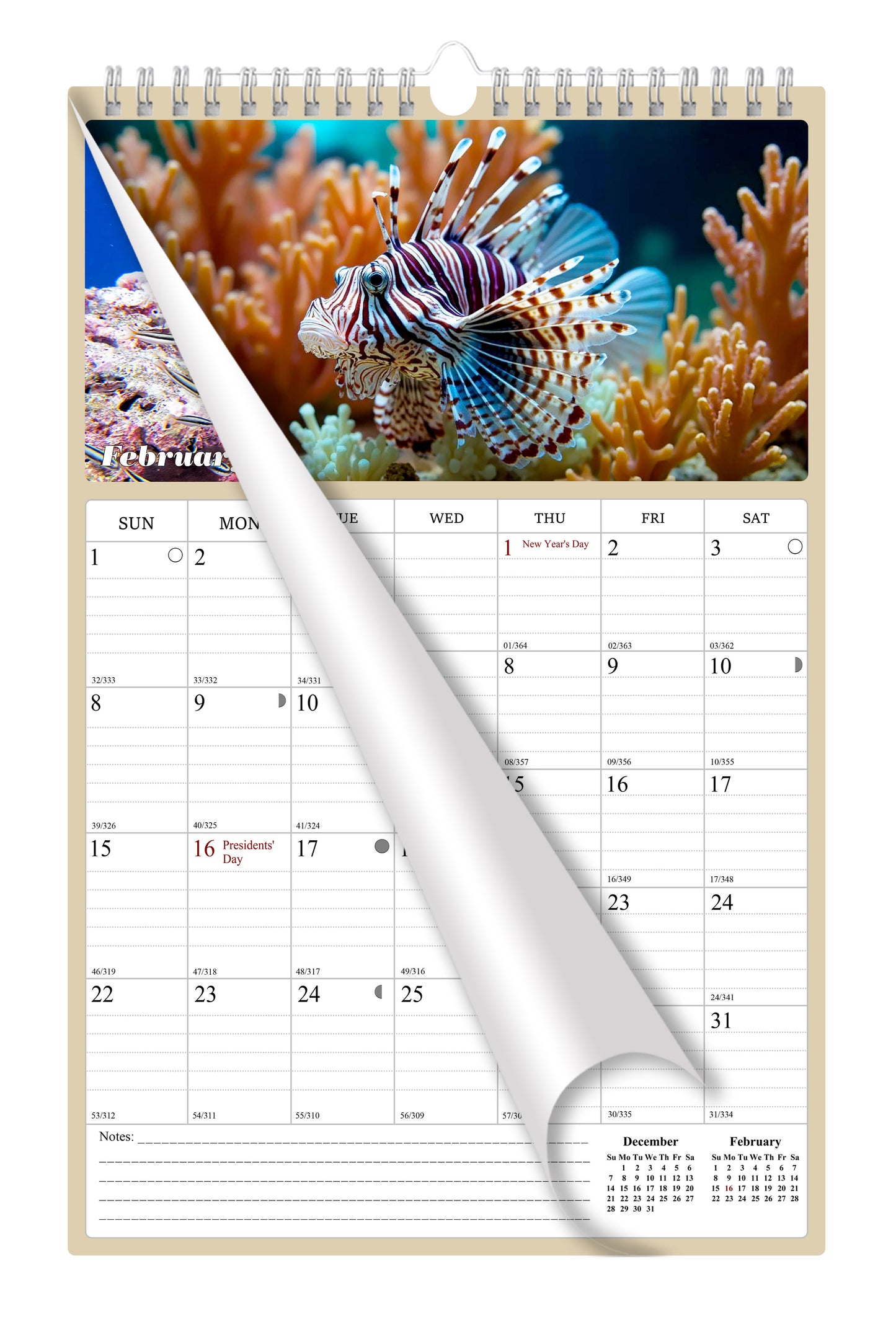 2026 Wall Calendar Spiral-bound Twin-Wire Binding - 12 Months Planner - Large Ruled Blocks with Julian Dates - (Tropical Fishes)