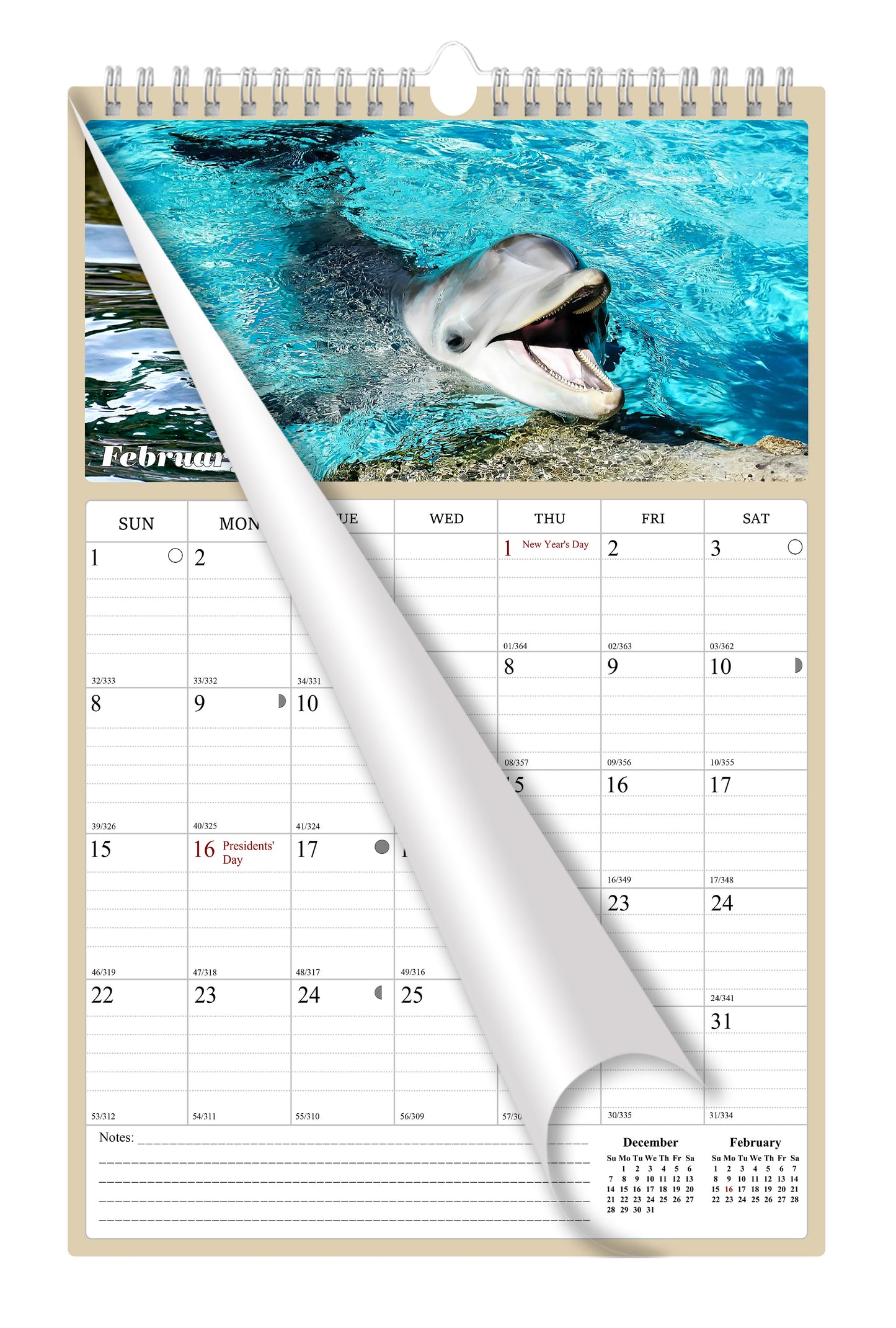 2025 - 2026 Wall Calendar Spiral-bound Twin-Wire Binding - 18 Months Planner - Large Ruled Blocks with Julian Dates - (Dolphins)