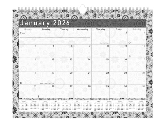 2025-2026 Monthly Spiral-Bound Wall/Desk Calendar - Desktop/Wall Blotter Calendar/Planner - (Edition B&W #020)