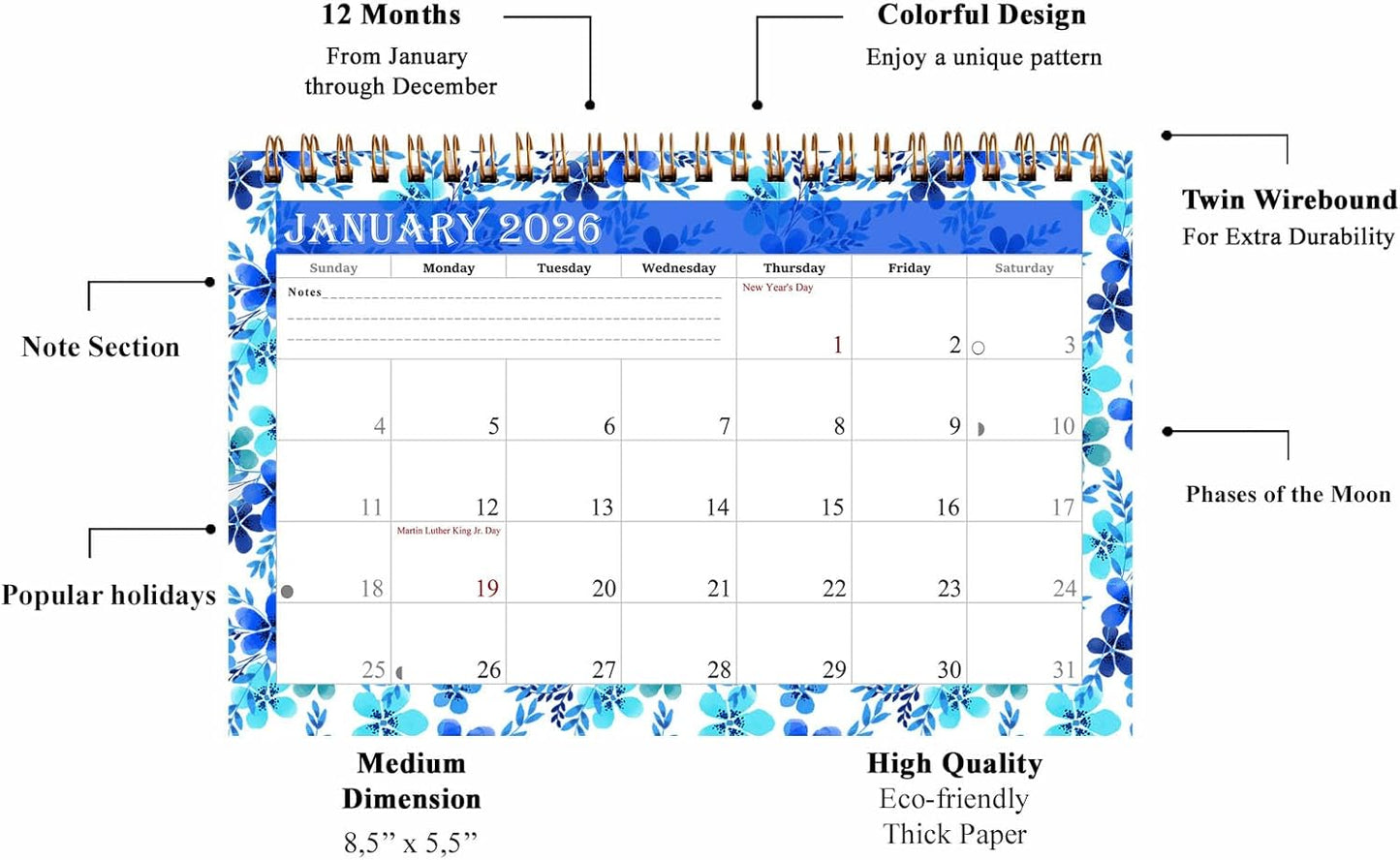 2026-12 Months Desk Calendar Desktop Planner with To-Do List & Notes 012