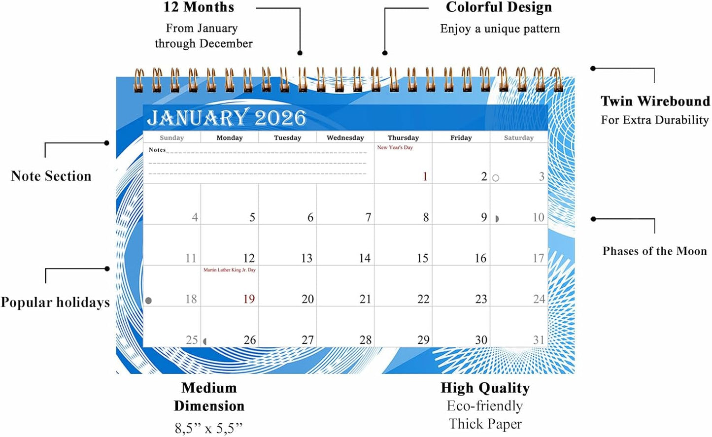 2026-12 Months Desk Calendar Desktop Planner with To-Do List & Notes 02