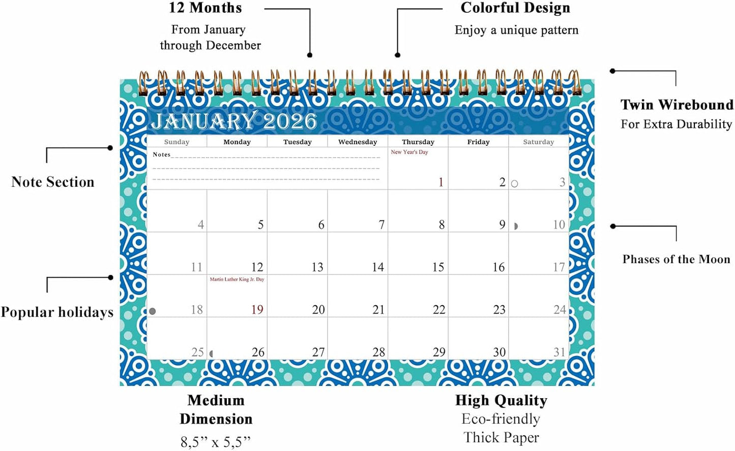 2026-12 Months Desk Calendar Desktop Planner with To-Do List & Notes 015