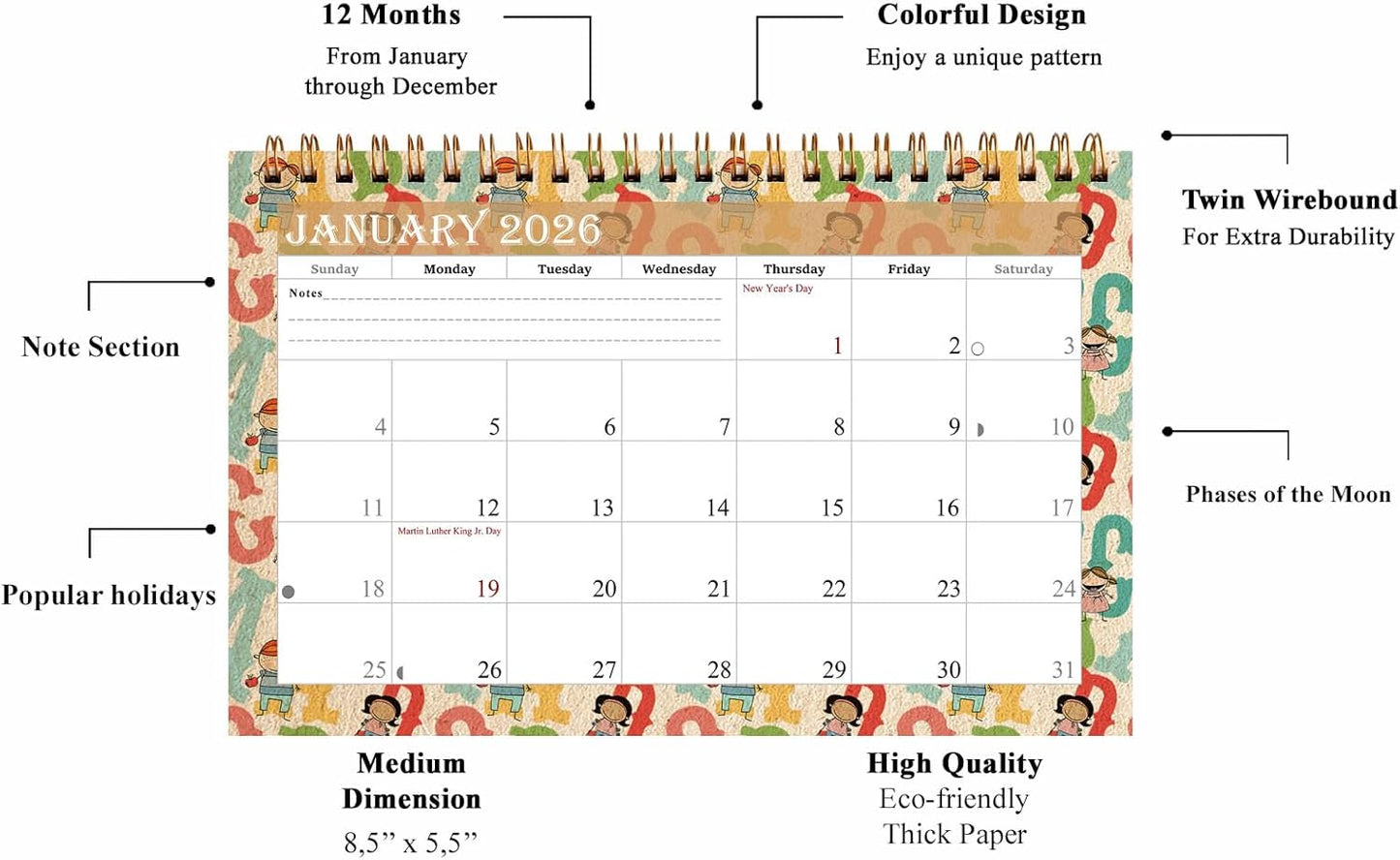 2026-12 Months Desk Calendar Desktop Planner with To-Do List & Notes 010